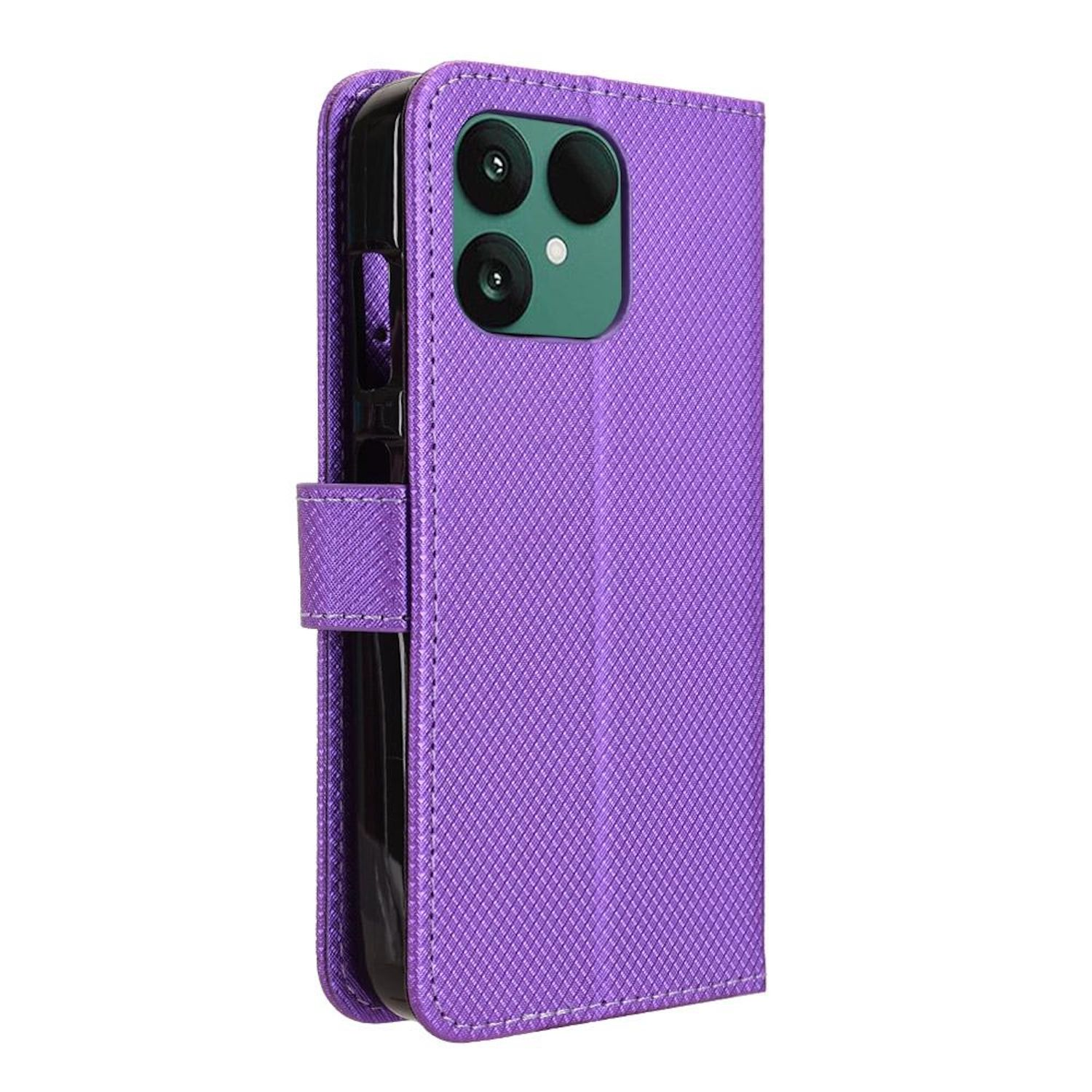 Eine lila Handyhülle mit Rautenmuster. Die Hülle ist offen und zeigt ein schwarzes Telefon. Die Kamera hat drei Linsen.