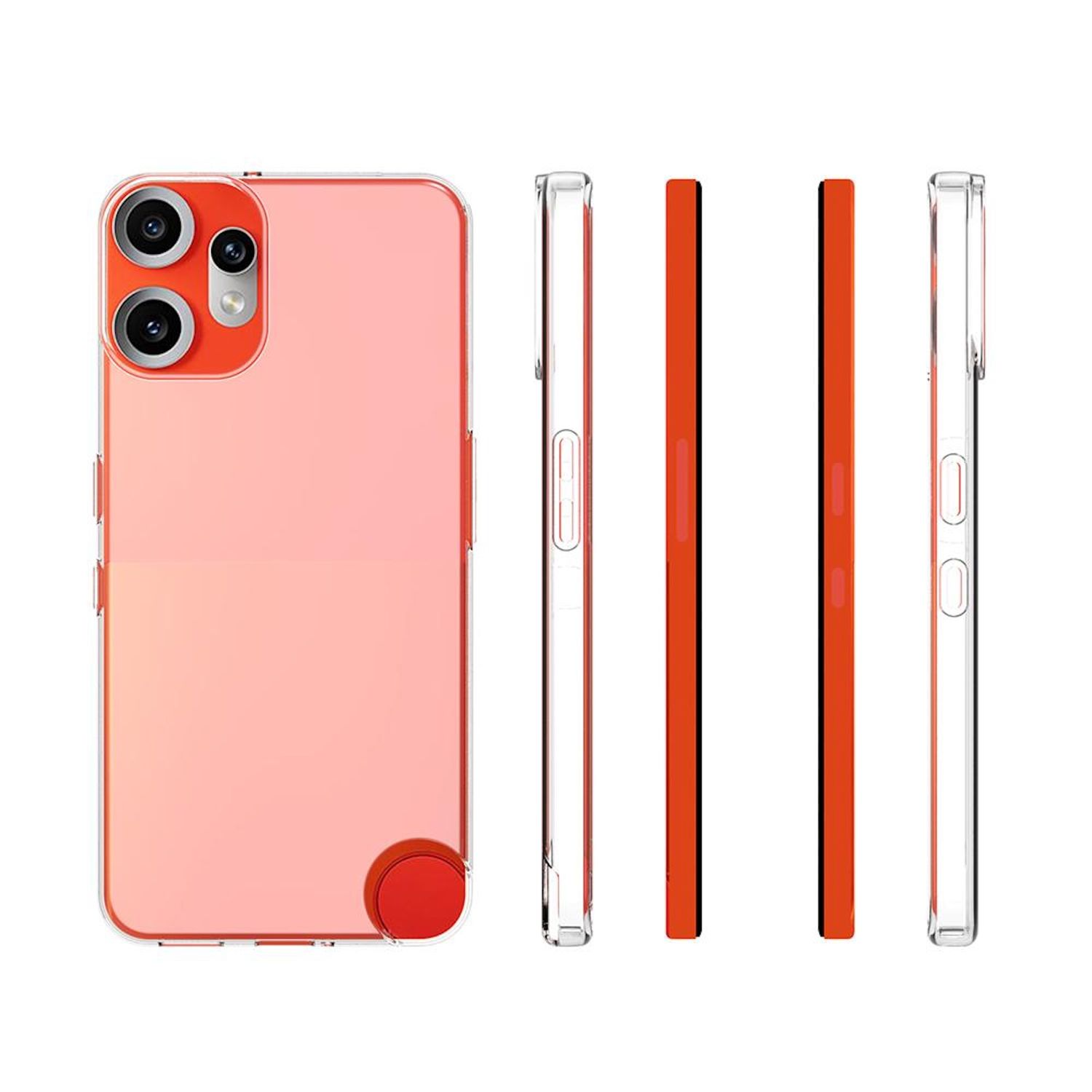 Una funda transparente para teléfono con parte trasera y cámara naranja, más tres paneles laterales naranjas adicionales.
