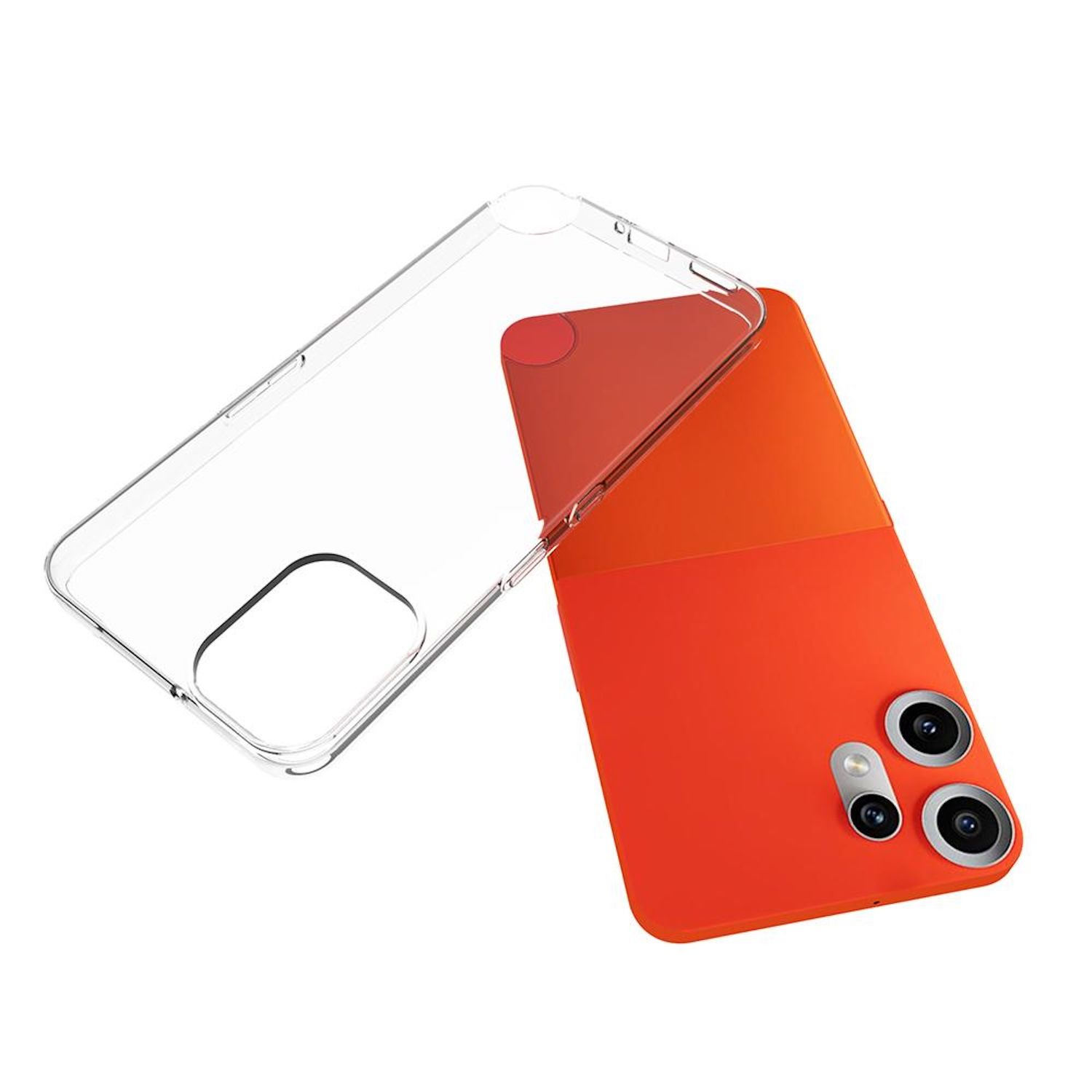 Se muestra una funda de teléfono naranja con una cubierta transparente. La funda tiene un recorte para la cámara y tres lentes.