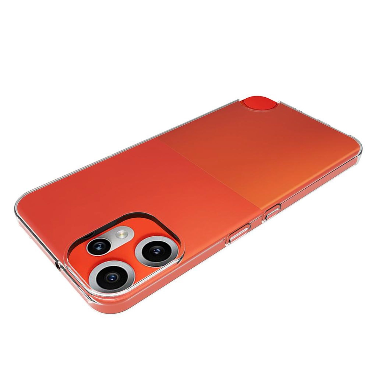 Una funda naranja para teléfono con bordes transparentes, recortes de cámara y un botón rojo en la parte superior.
