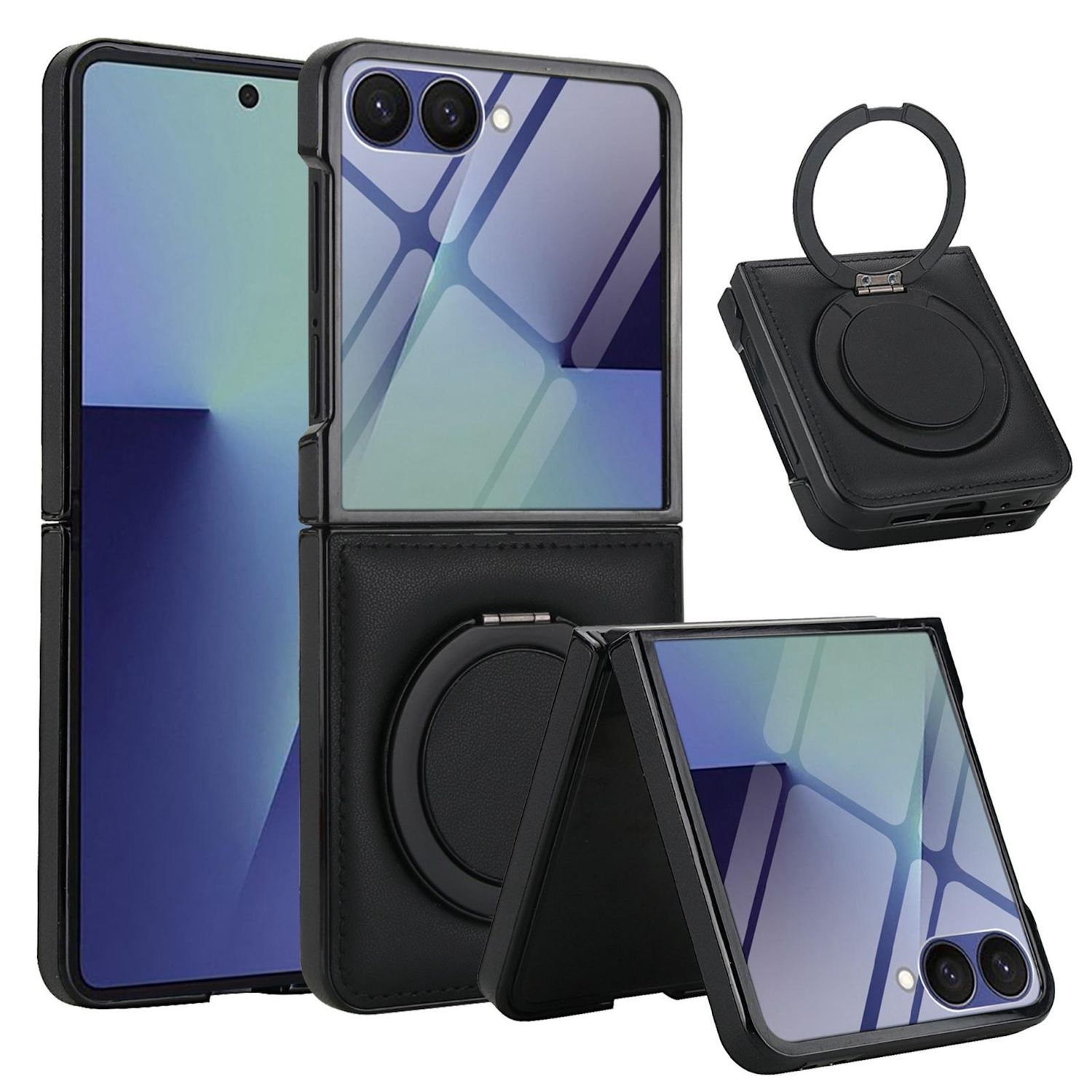 Schwarze Handyhülle mit Ringhalter. Telefon ist gefaltet und entfaltet, zeigt den Bildschirm und die Kamera. Der Hintergrund ist weiß.