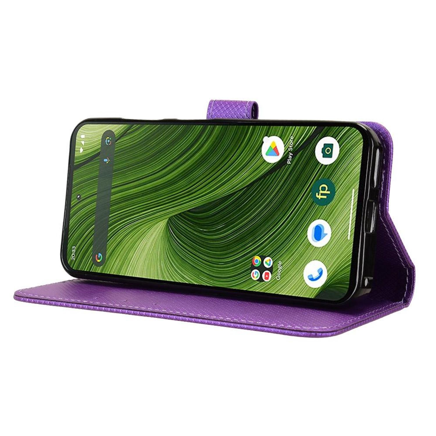 Geöffnete lila Handyhülle, die ein Smartphone mit grünem Muster-Hintergrund anzeigt. Symbole auf dem Bildschirm. Weißer Hintergrund.