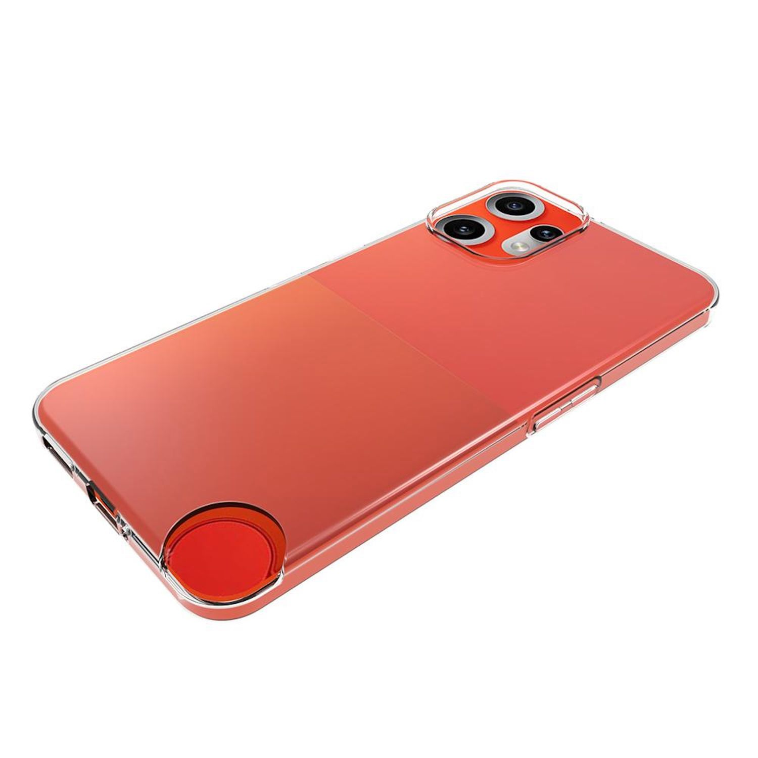 Una funda naranja para teléfono con borde transparente. La parte trasera tiene un recorte para la cámara. La funda está ligeramente inclinada sobre fondo blanco.