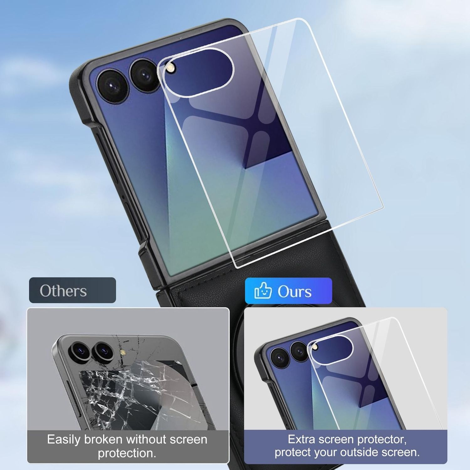 Ein Telefon mit Displayschutzfolie wird gezeigt. Das Bild vergleicht ein geschütztes Telefon mit einem ohne Schutz und hebt die Vorteile hervor.