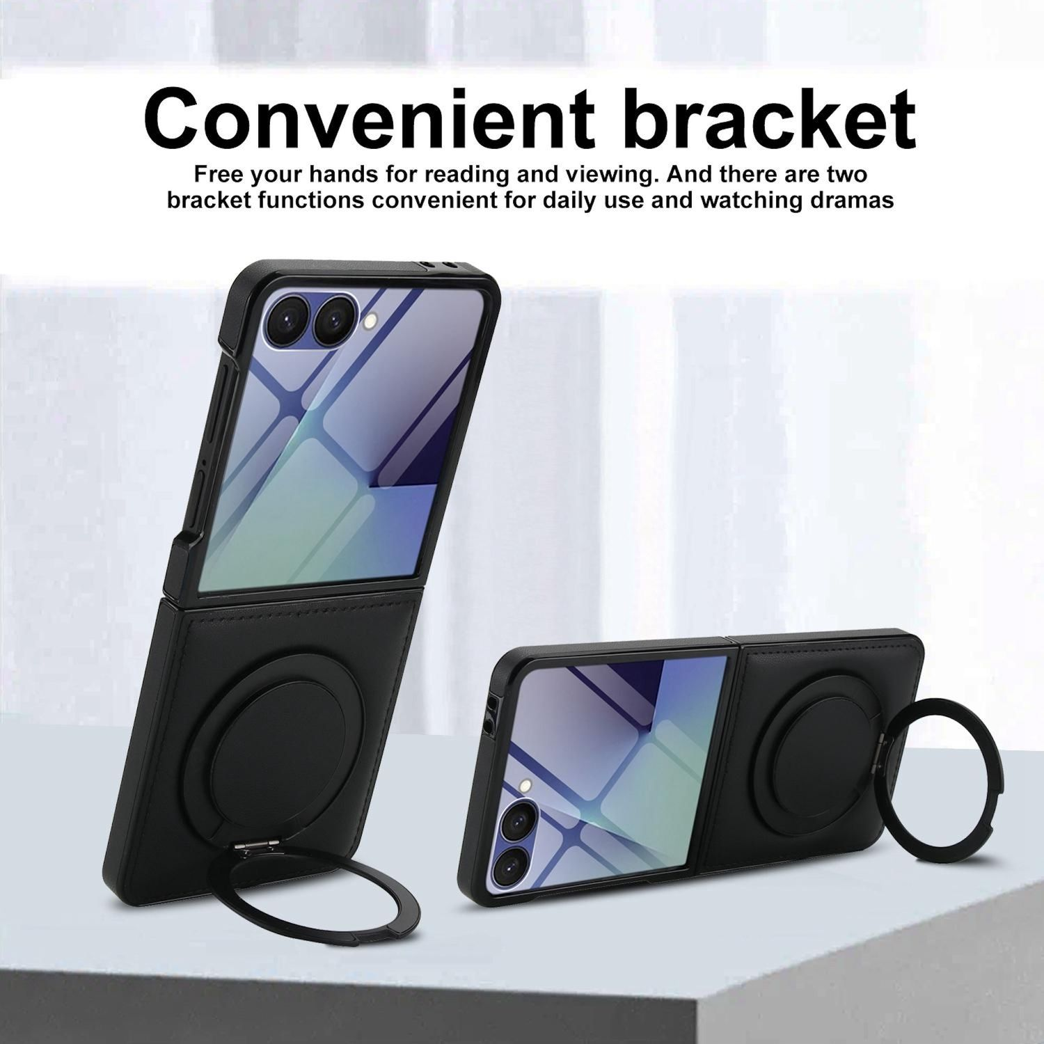 Zwei schwarze Handyhüllen mit Ringhaltern auf weißem Hintergrund. Der Text lautet 'Convenient bracket'.