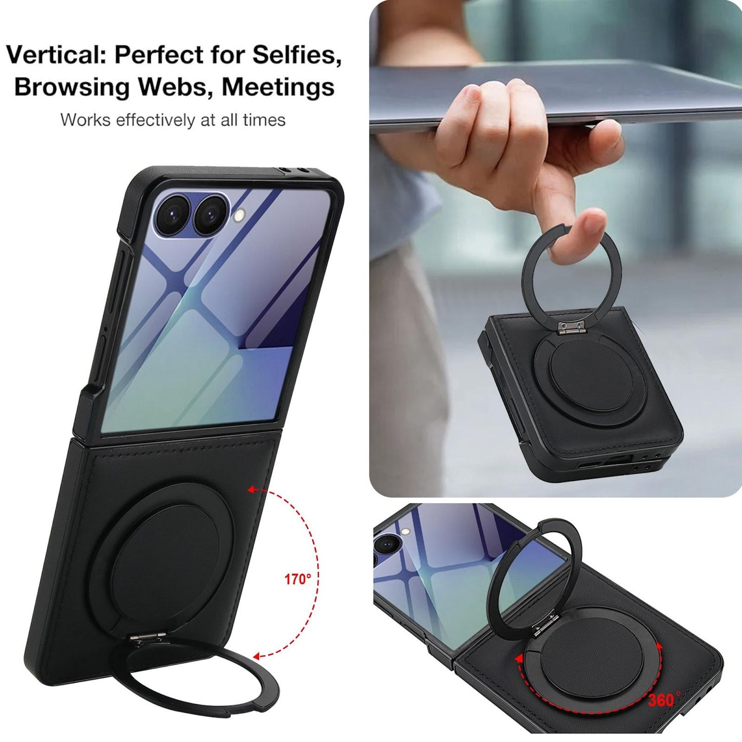 Eine schwarze Handyhülle mit Ringhalter wird in verschiedenen Positionen gezeigt. Eine Hand hält ein Gerät. Text lautet: Vertikal: Perfekt für Selfies, Browsen, Meetings.