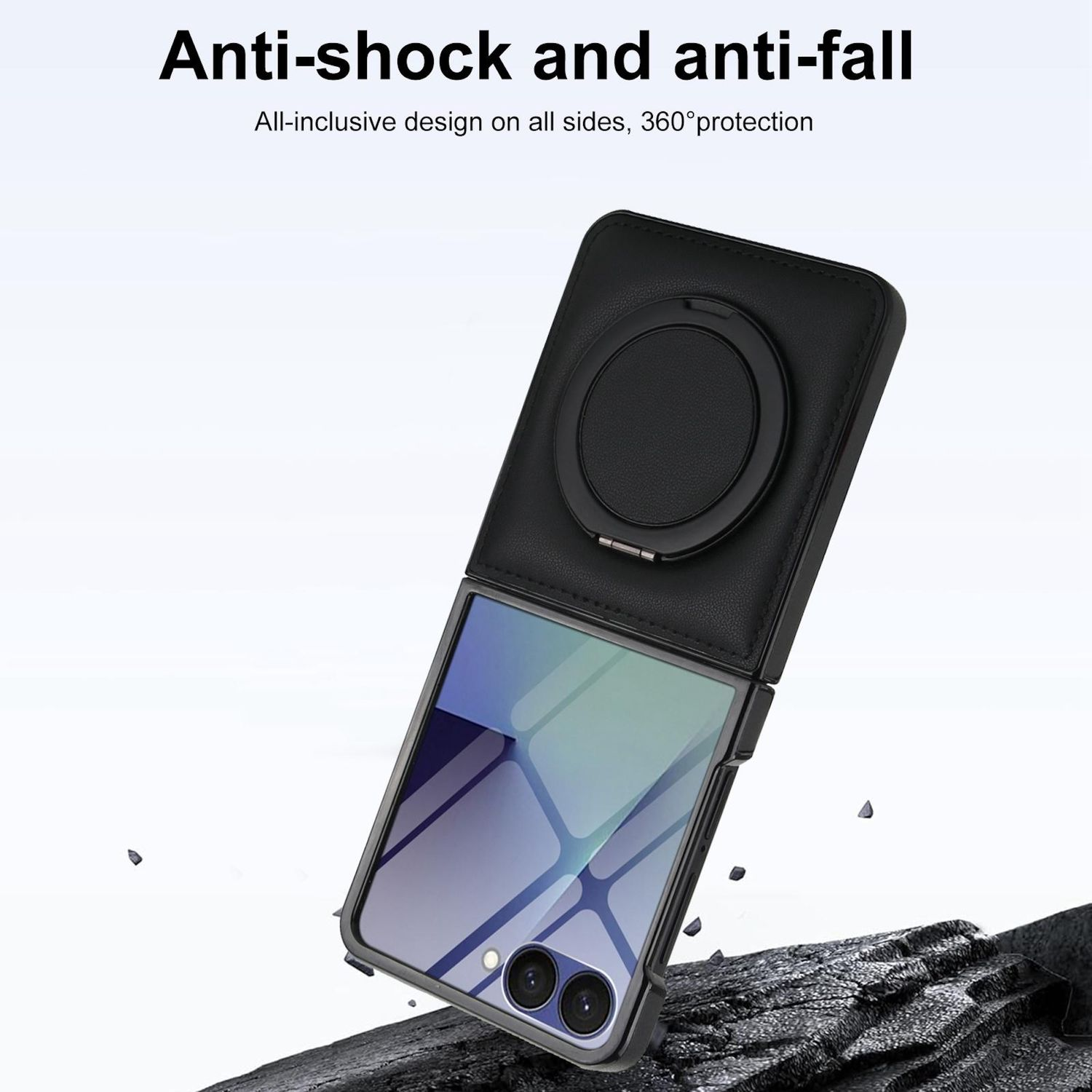 Eine schwarze Handyhülle mit Ringhalter ist geöffnet. Text sagt Anti-Schock und Anti-Fall, All-inclusive-Design auf allen Seiten, 360° Schutz.