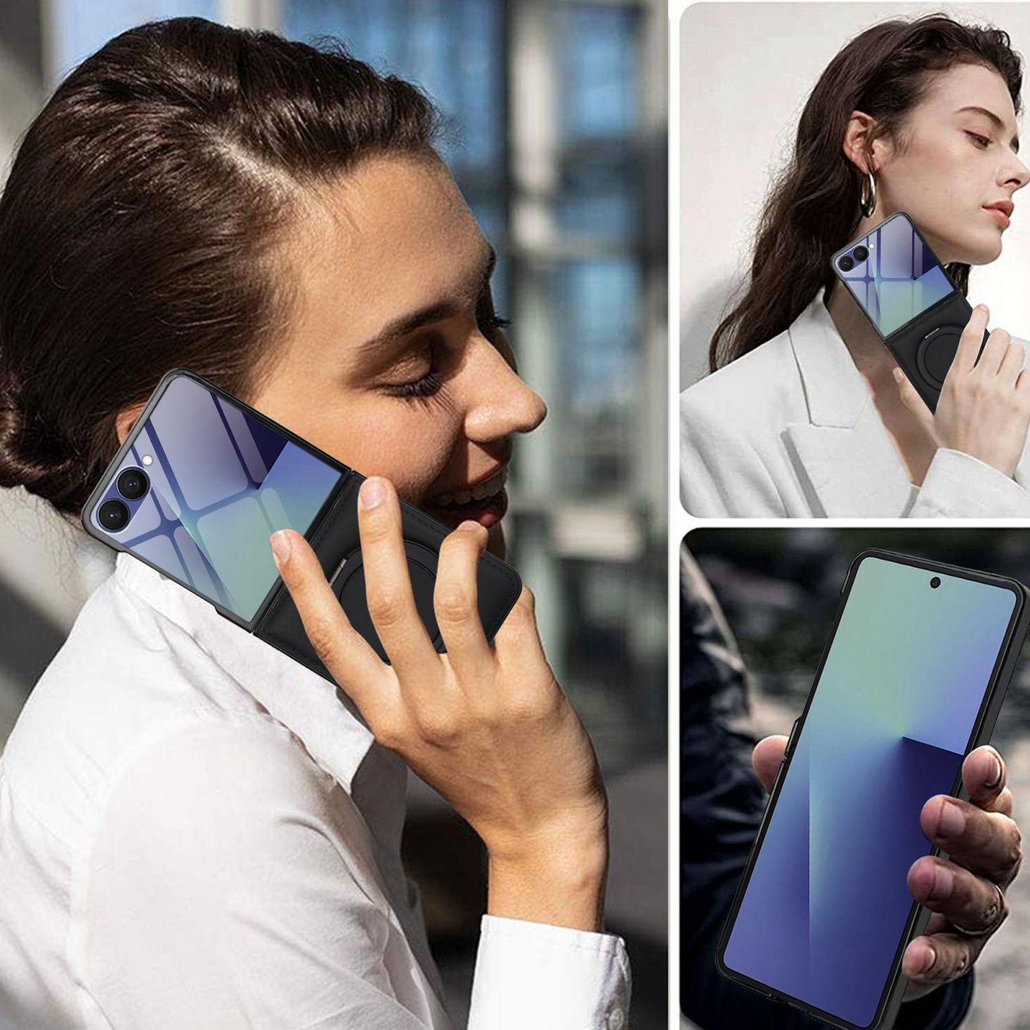 Drei Bilder, die zeigen, wie Menschen Telefone mit Hüllen benutzen. Eine Frau telefoniert, eine andere hält es und eine zeigt das Telefon.