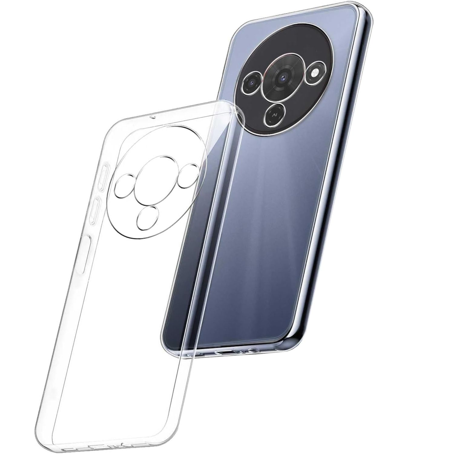 Ein Smartphone mit klarer Schutzhülle wird gezeigt. Das Telefon ist blau mit kreisförmiger Kameraanordnung. Die Hülle ist transparent.