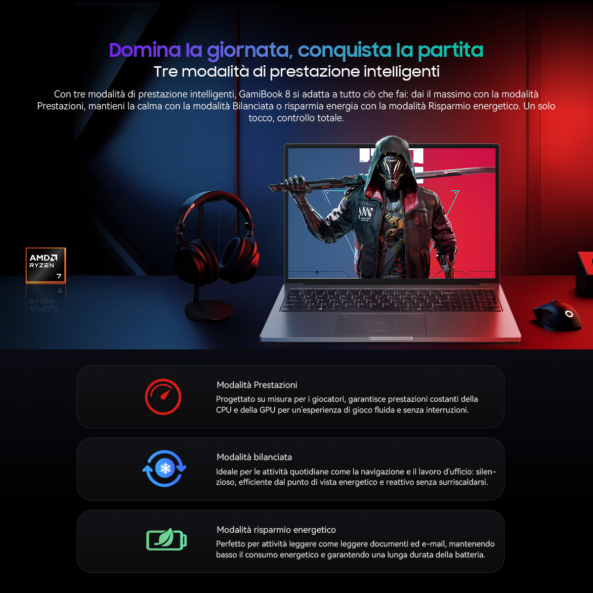 Laptop mit Gaming-Thema. Mit Kopfhörern, Maus und Text über Leistungsmodi. Der Hintergrund hat rote und blaue Farbverläufe.