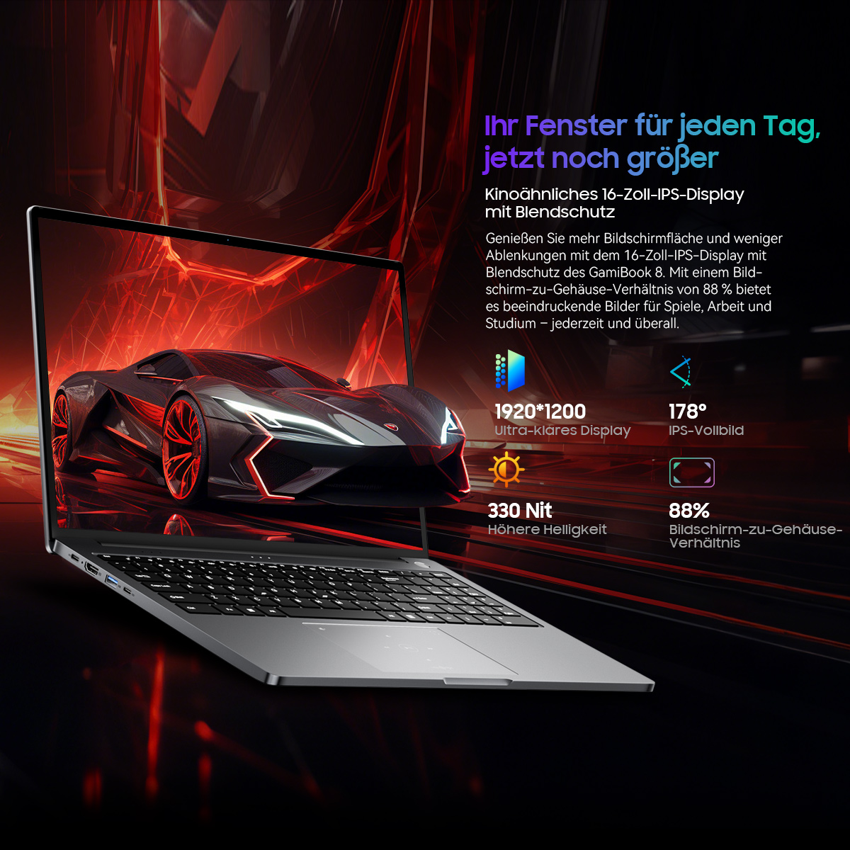 Ein Laptop zeigt ein futuristisches Autodesign. Text bewirbt Funktionen wie Display, Bildschirmgröße und Blendschutz.