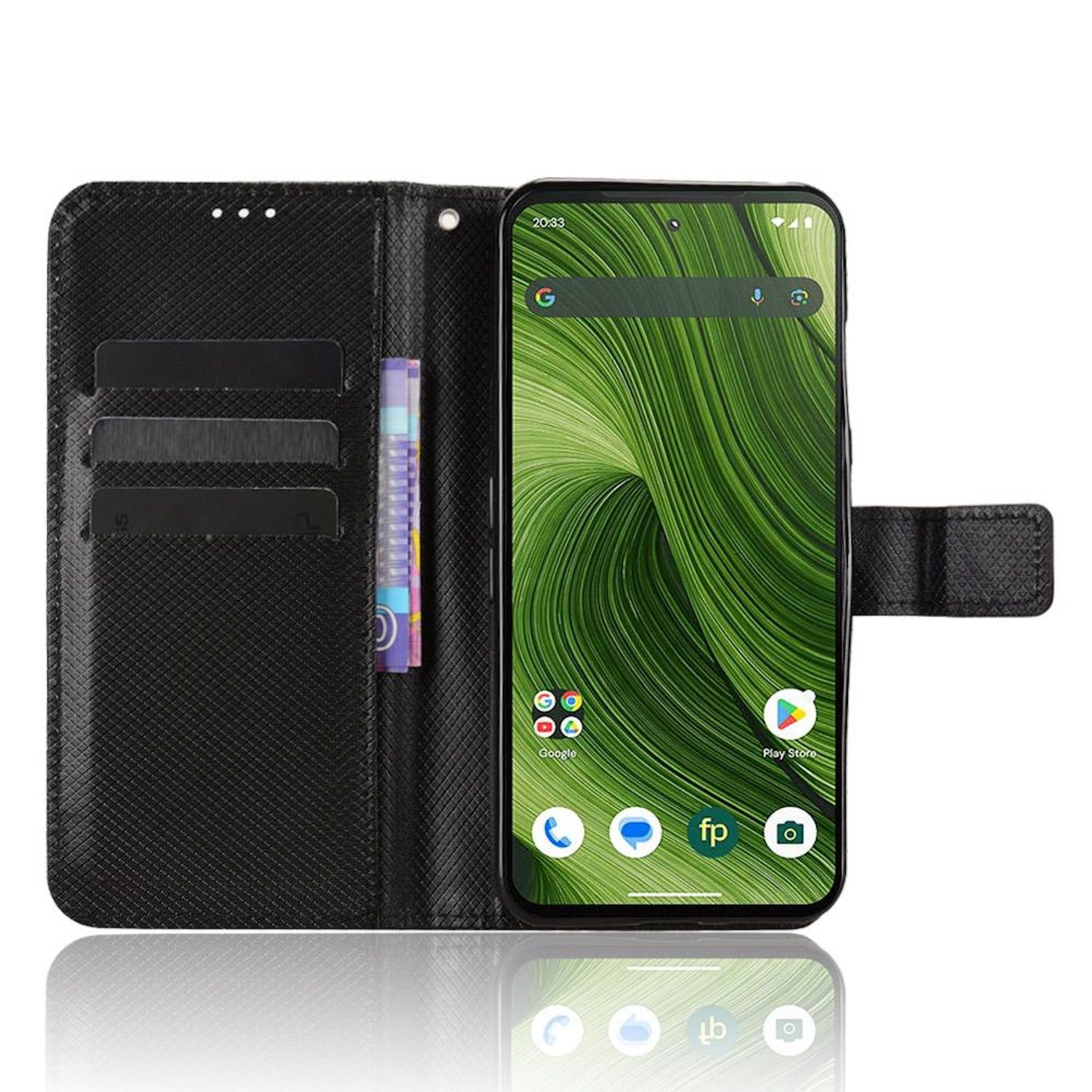 Smartphone in einer schwarzen Brieftasche. Das Telefon zeigt einen grünen Hintergrund mit Apps. Brieftasche hat Kartenfächer und eine Rechnung.