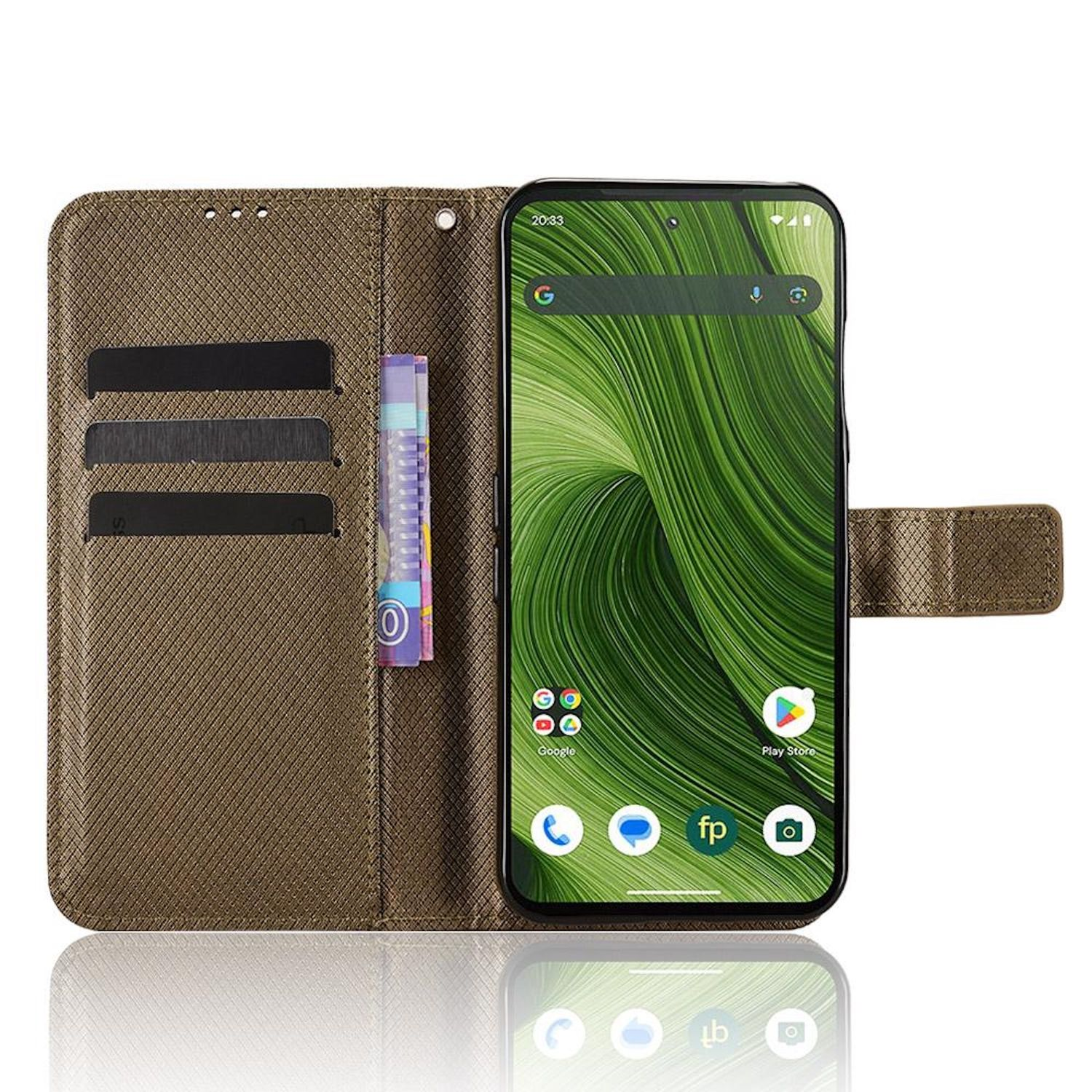 Smartphone in einer geöffneten braunen Brieftasche. Das Telefon zeigt einen grünen Wellenhintergrund. Die Brieftasche hat Kartenfächer und eine Rechnung.