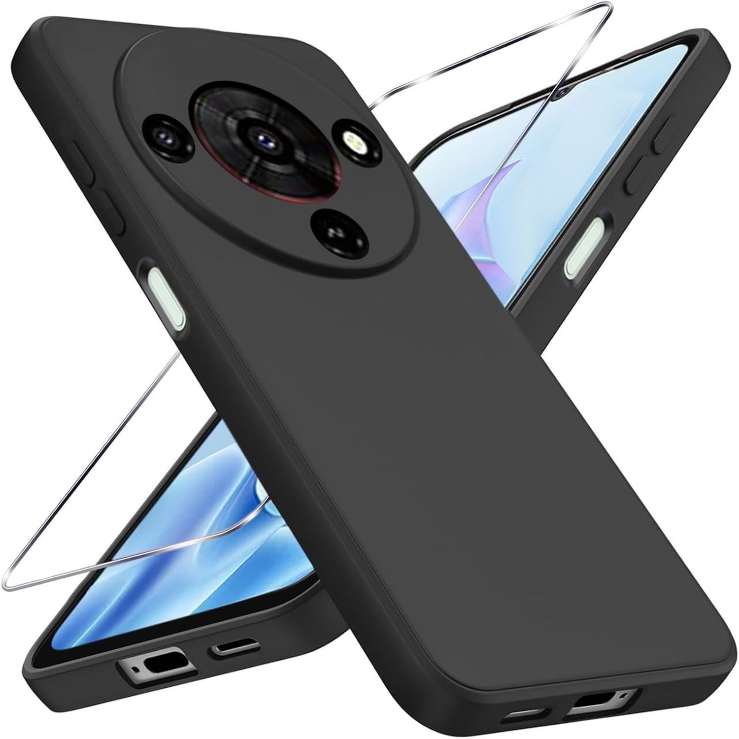 Eine schwarze Handyhülle und ein Handy mit Displayschutzfolie. Die Hülle hat mehrere Kameralinsen. Die Schutzfolie ist transparent.