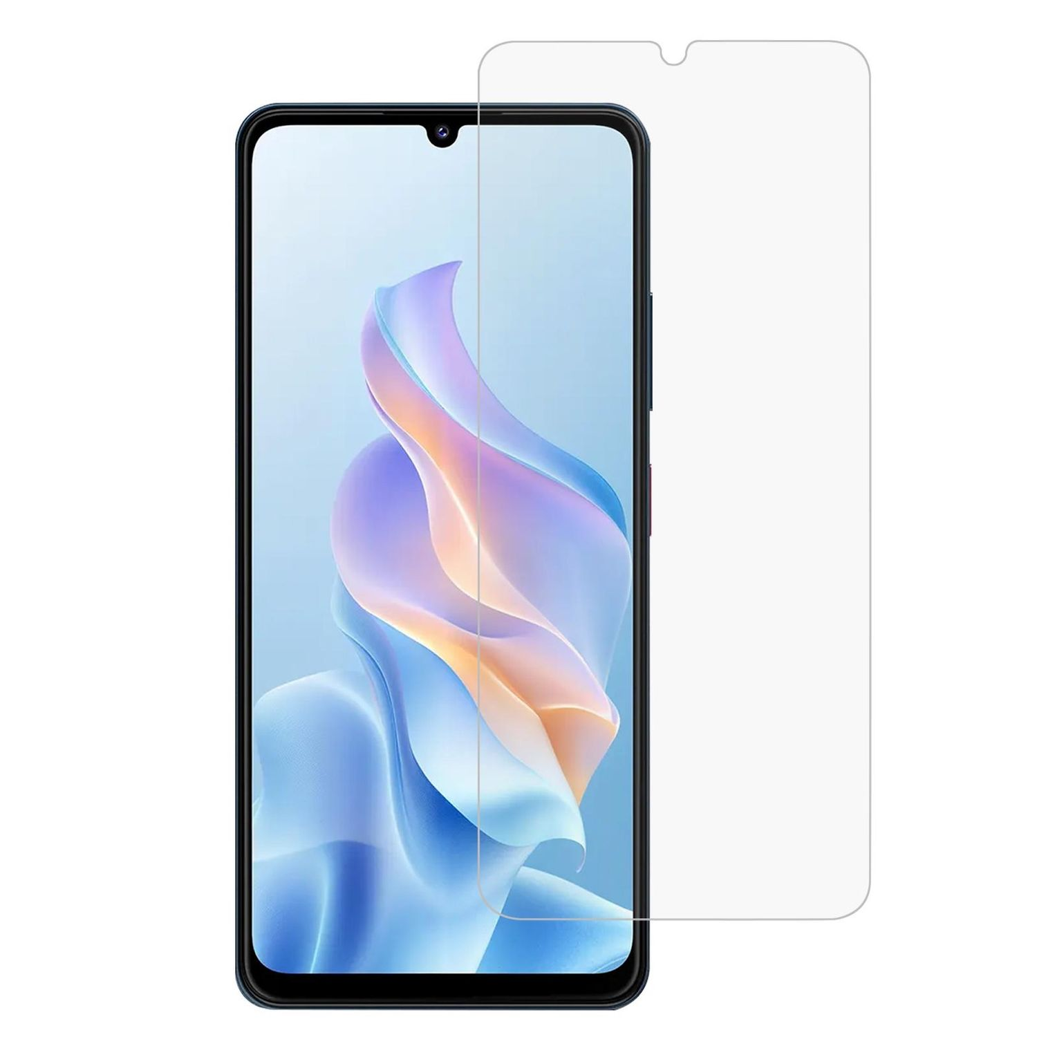 Smartphone mit aufgebrachter Displayschutzfolie. Das Telefon zeigt ein farbenfrohes abstraktes Design. Daneben eine transparente Schutzfolie.