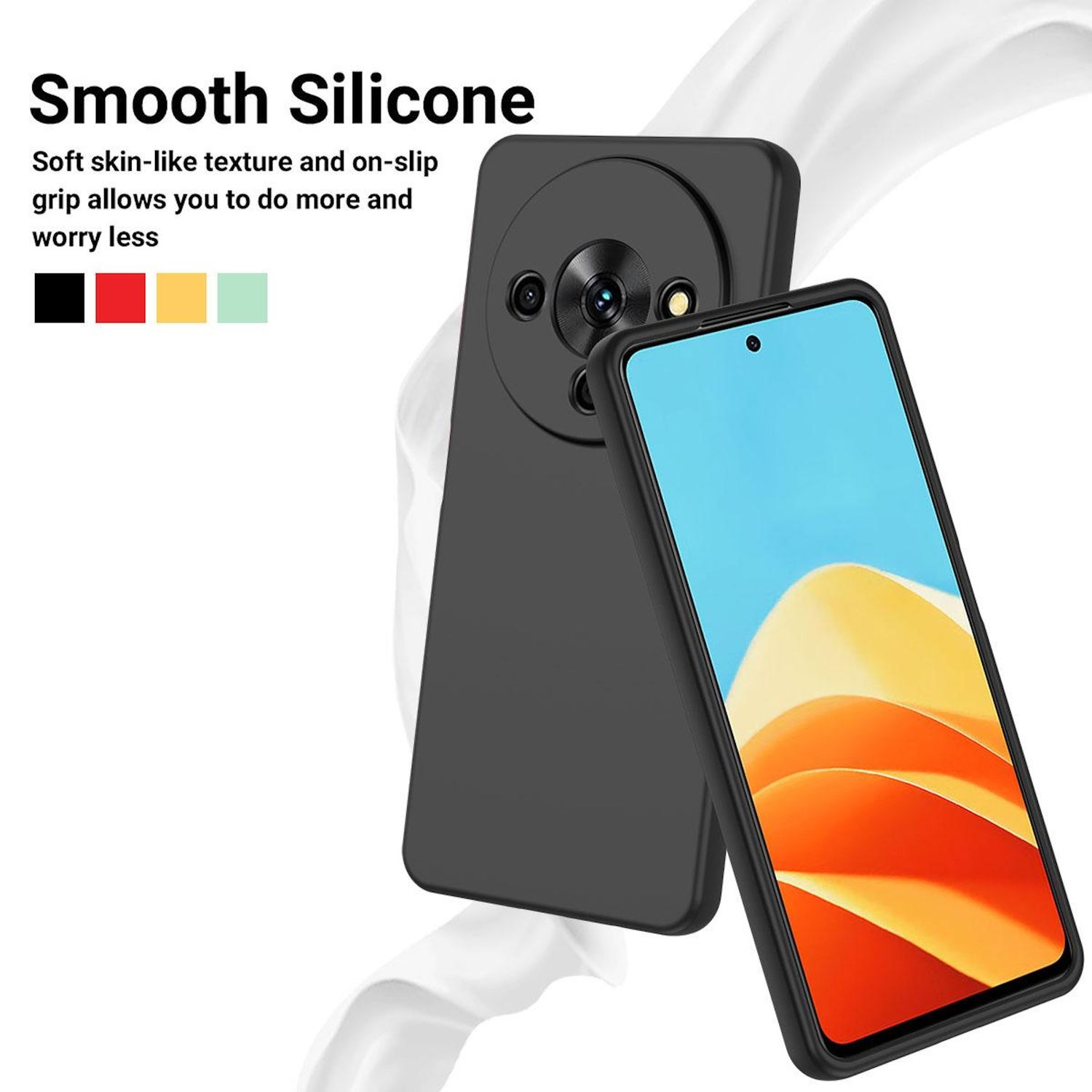 Schwarze Handyhülle mit Telefon, das Bildschirm und Kameras zeigt. Text 'Smooth Silicone'. Weißer Hintergrund.