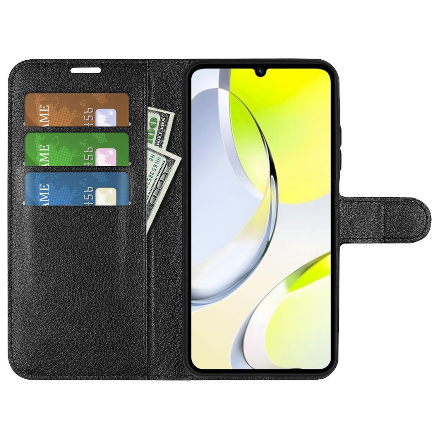 Funda negra para teléfono con un teléfono inteligente en el interior. Tres tarjetas de crédito y un billete de dólar.