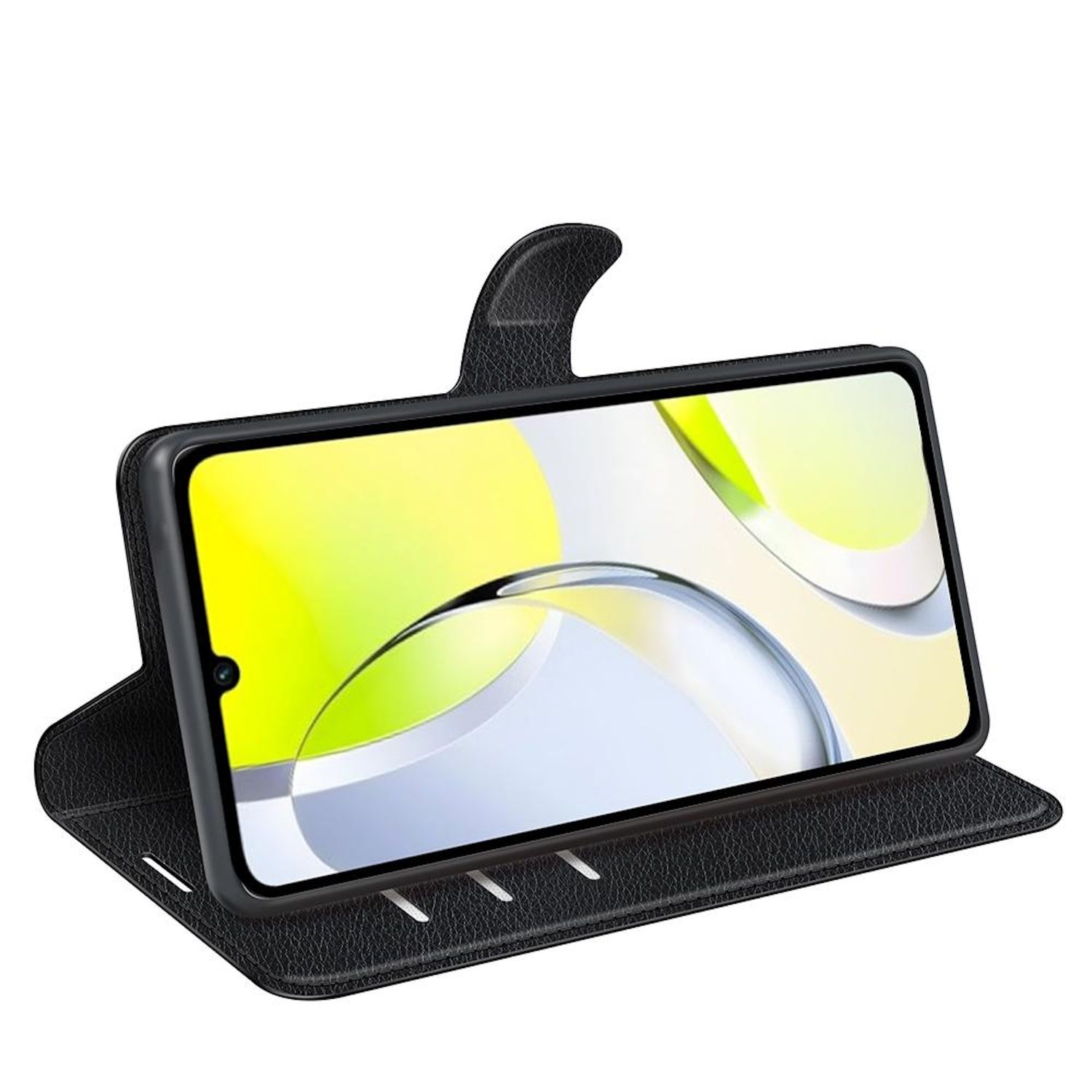 Un smartphone negro en una funda negra, abierto para mostrar la pantalla. La pantalla muestra un diseño abstracto amarillo y blanco.