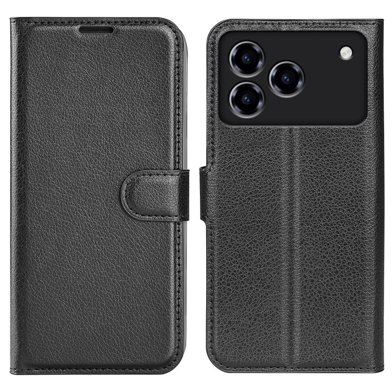 Funda de teléfono de cuero negro, cerrada y abierta. El lado abierto revela cámaras de teléfono y un flash. La funda tiene cierre magnético.