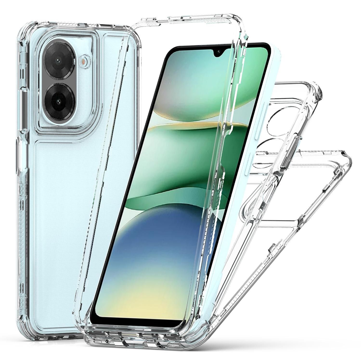Eine transparente Handyhülle zeigt ein Smartphone mit grünem Bildschirm, teilweise zerlegt. Die Hülle ist durchsichtig.