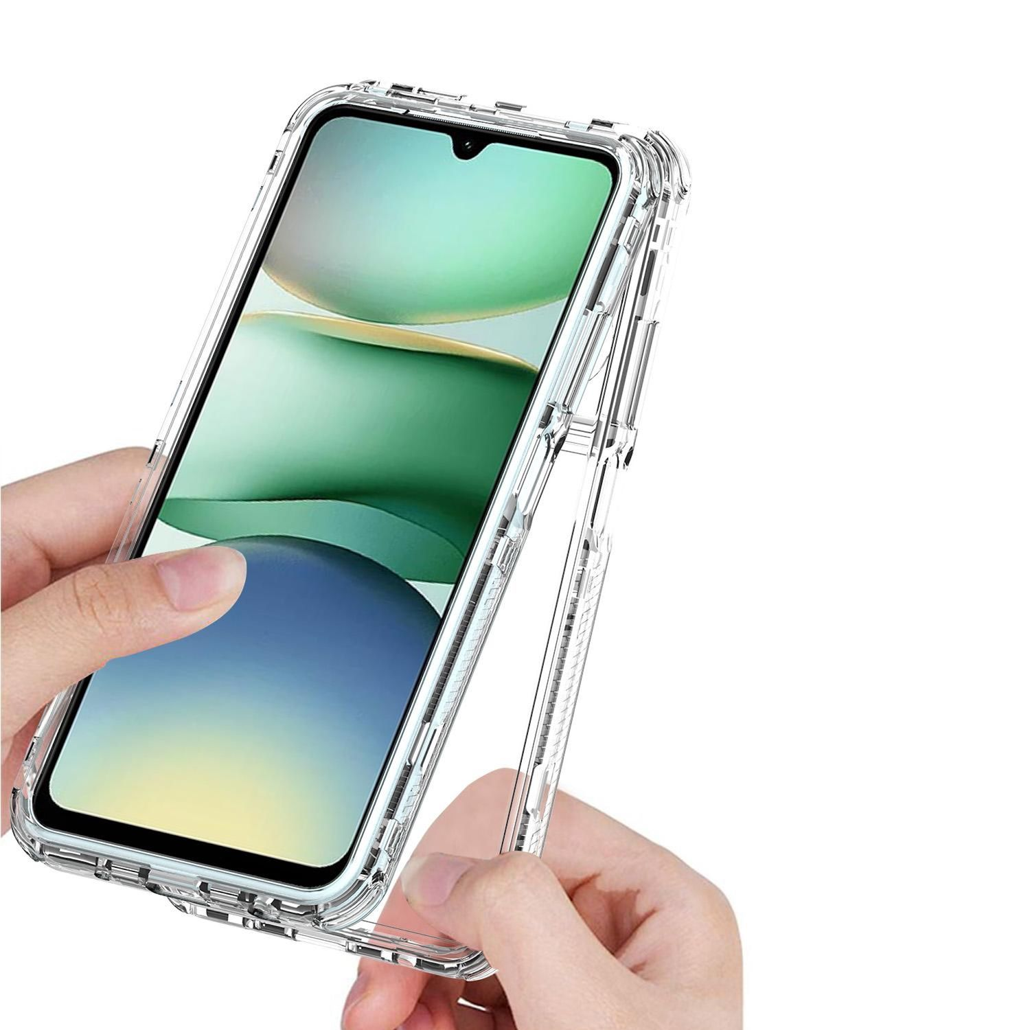 Hände halten eine transparente Handyhülle mit einem Smartphone. Der Bildschirm zeigt einen Farbverlauf von Grün und Blau.