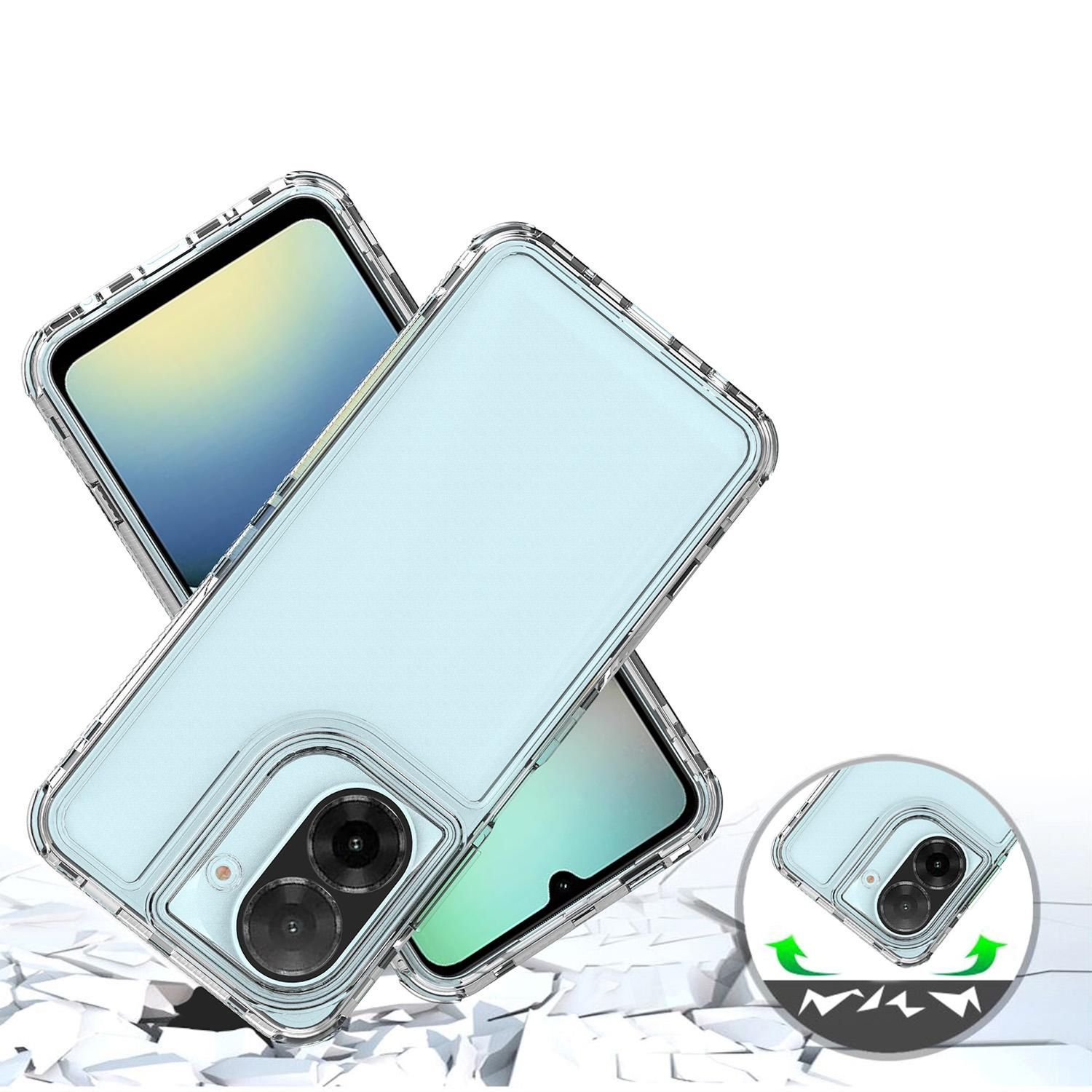 Ein Telefon in einer transparenten Hülle mit hellblauem Rücken. Ein anderes Telefon befindet sich dahinter. Weiße Bruchstücke unten.