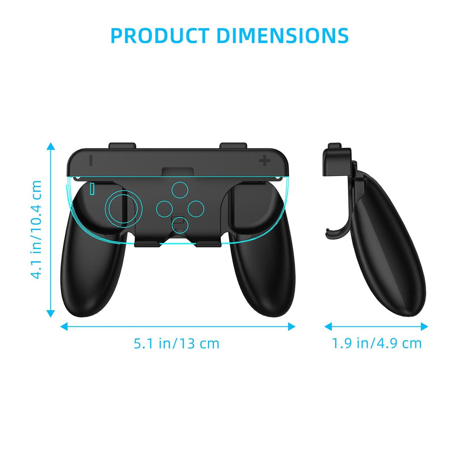 Das Bild zeigt Produktabmessungen eines schwarzen Gamecontrollers. Die Maße sind 4,1 Zoll/10,4 cm, 5,1 Zoll/13 cm und 1,9 Zoll/4,9 cm.