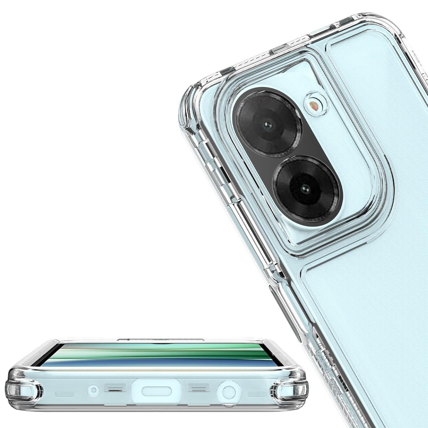 Transparente Handyhülle, die ein Telefon mit zwei Kameralinsen zeigt. Hülle und Telefon sind hellblau, mit weißem Hintergrund.
