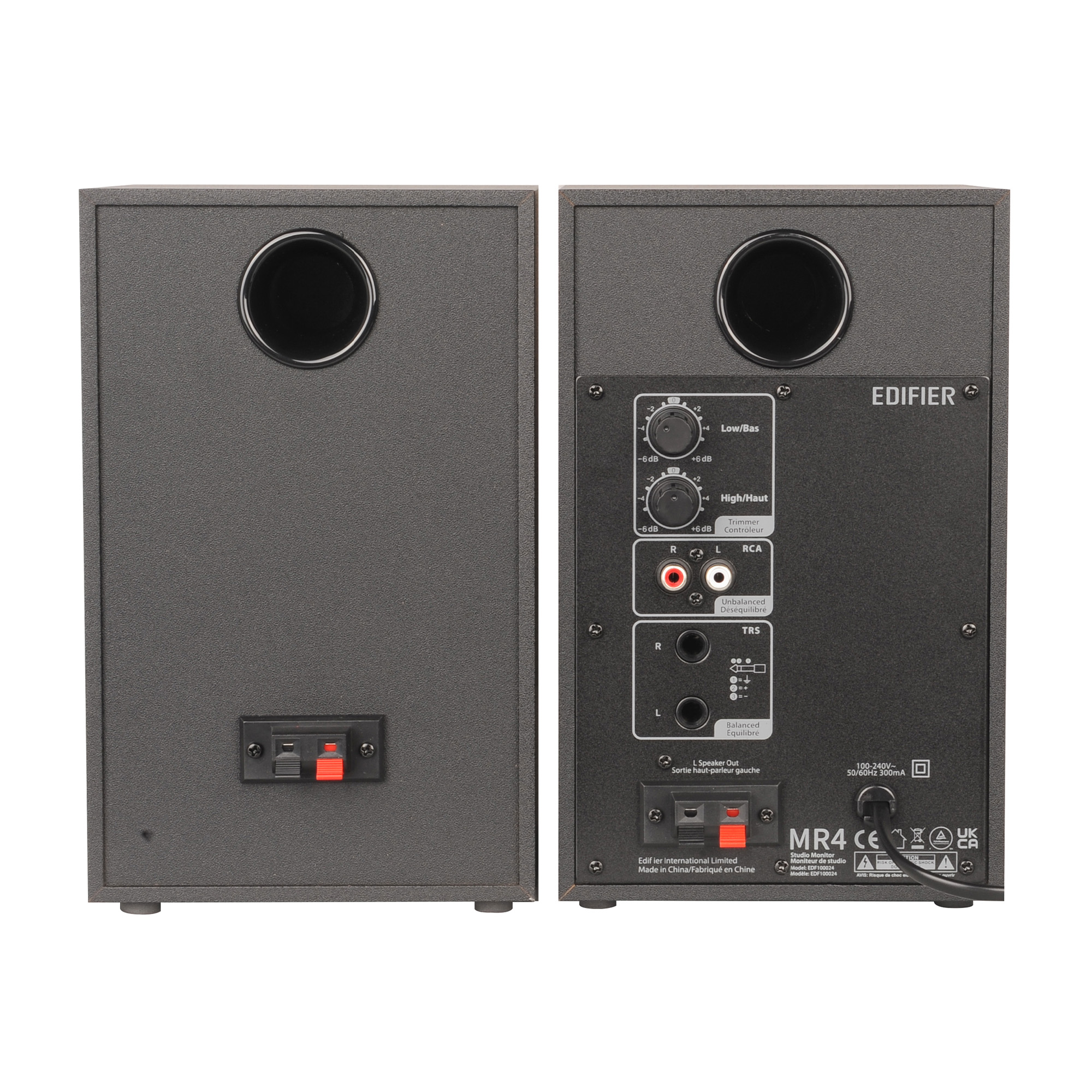 Dwa ciemnoszare głośniki Edifier MR4. Jeden ma okrągły port, drugi pokrętła sterowania i porty wejścia/wyjścia.