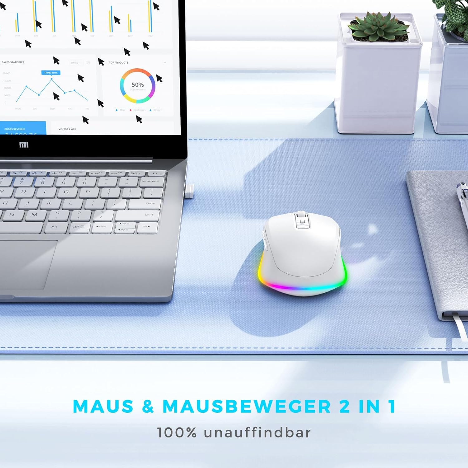 Eine weiße Maus mit farbigem Lichtstreifen liegt auf einem blauen Pad. Ein Laptop und eine Pflanze sind ebenfalls zu sehen.