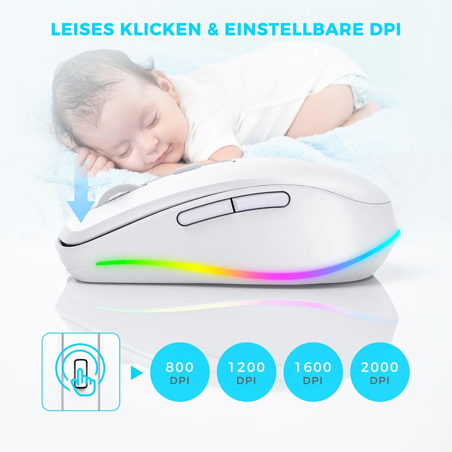 Eine weiße Maus mit Regenbogenlicht, ein schlafendes Baby und DPI-Einstellungen von 800 bis 2000, mit Text für leise Klicks.
