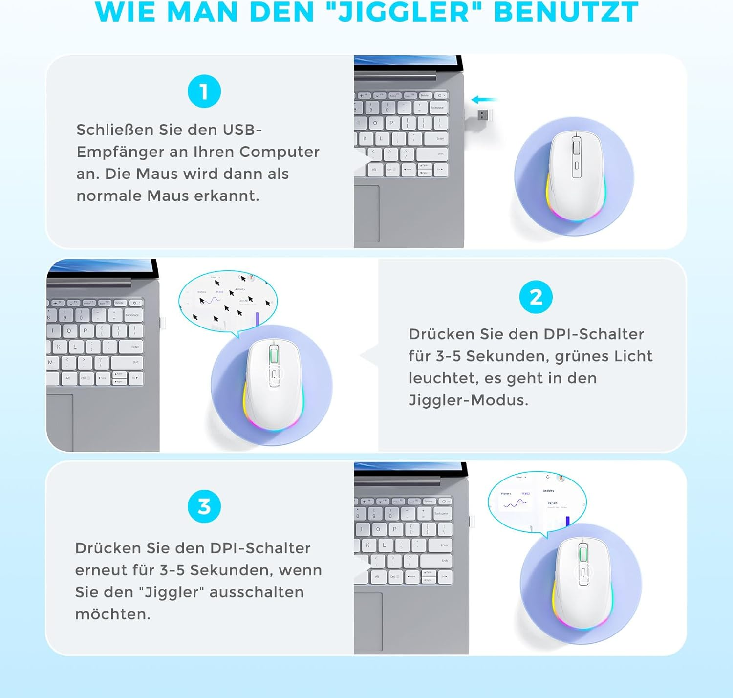 Anleitung zur Verwendung der Jiggler-Maus. Sie zeigt Schritte zum Anschließen des USB-Kabels, Aktivieren und Deaktivieren der Maus.