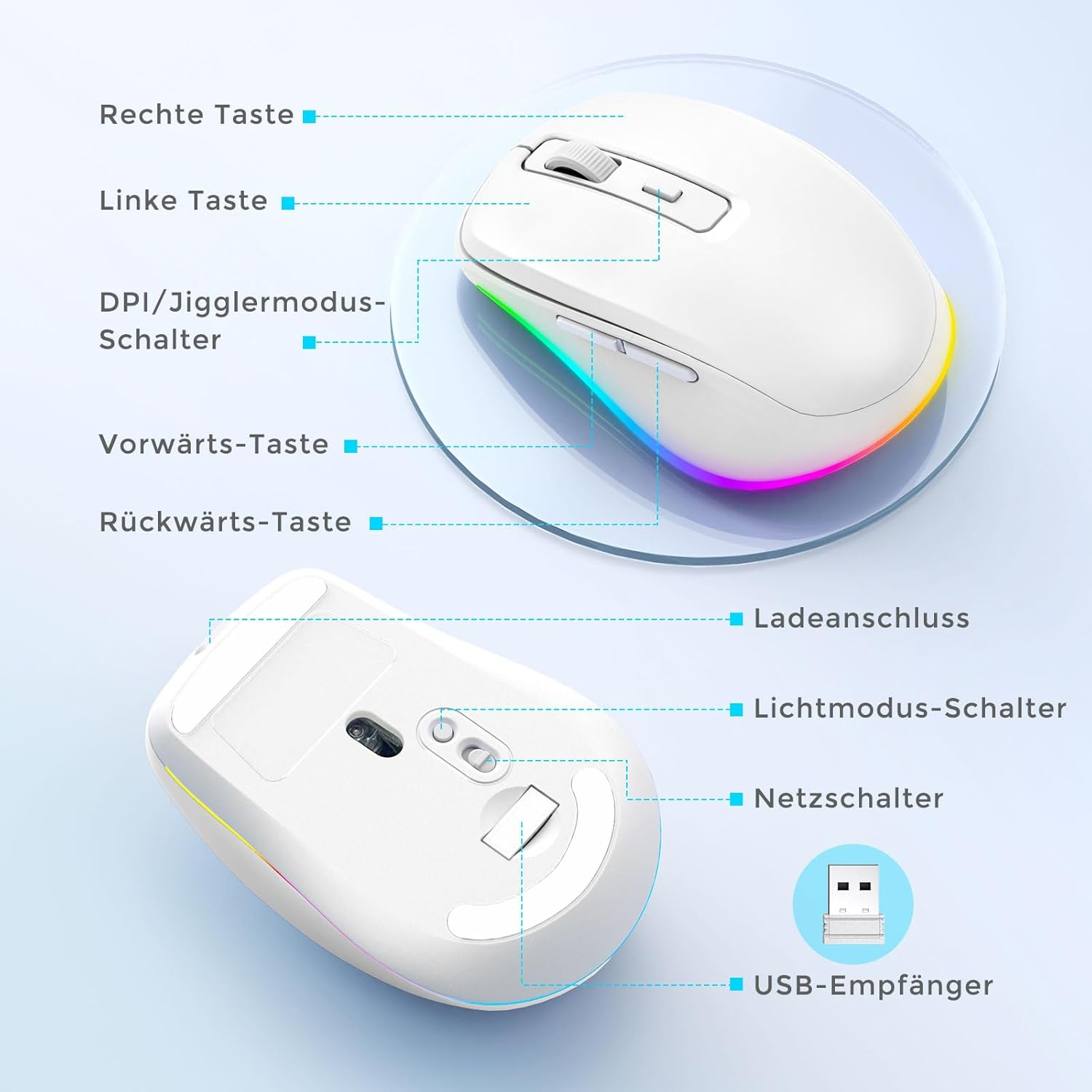 Weiße kabellose Maus mit beschrifteten Tasten und Funktionen. Enthält einen USB-Empfänger und einen Ladeanschluss. RGB-Beleuchtung.