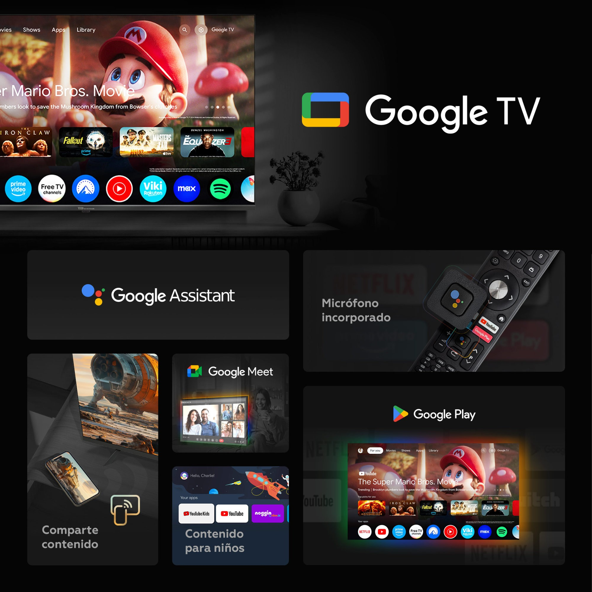 Interfaz de Google TV. Muestra la película Mario Bros., aplicaciones y funciones como Google Assistant y Google Play.