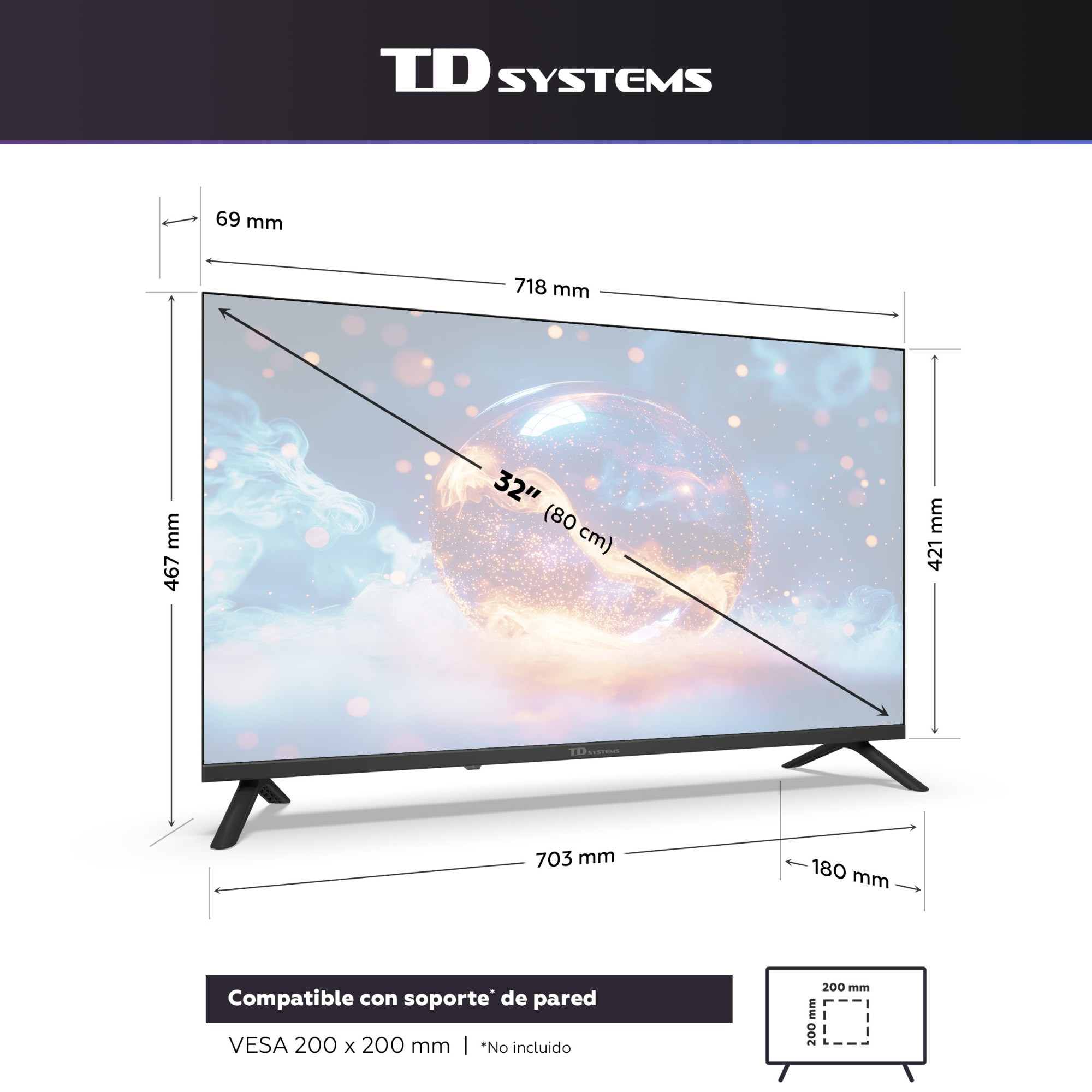 Un televisor TD Systems de 32 pulgadas muestra dimensiones. Tiene marco y soporte negros. La pantalla muestra una imagen abstracta y colorida.