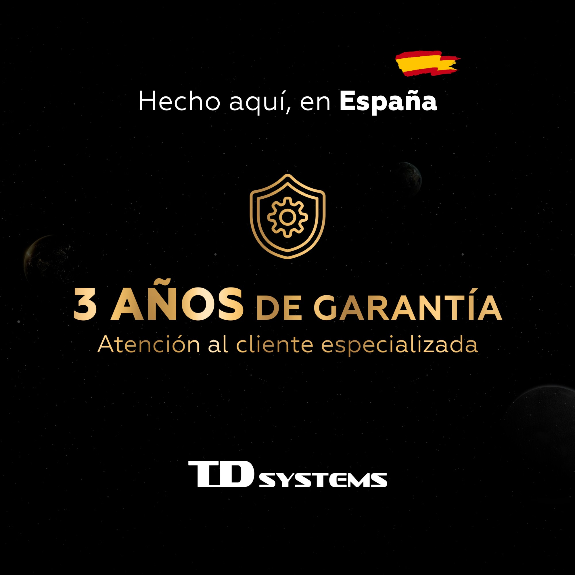 Fondo negro con texto blanco. Logotipo de escudo dorado, bandera española y texto en español. Logotipo de TD Systems abajo.
