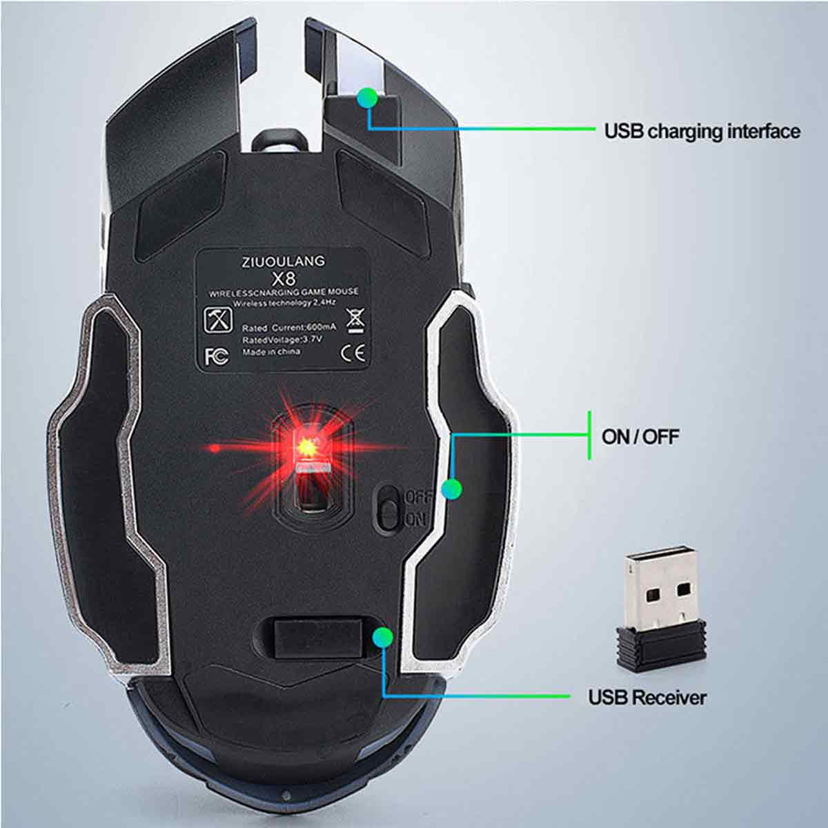 Schwarze Gaming-Maus mit USB-Ladeschnittstelle, Ein-/Ausschalter und USB-Empfänger. Die Maus hat ein rotes Licht und die Aufschrift lautet ZIUOULANG X8.