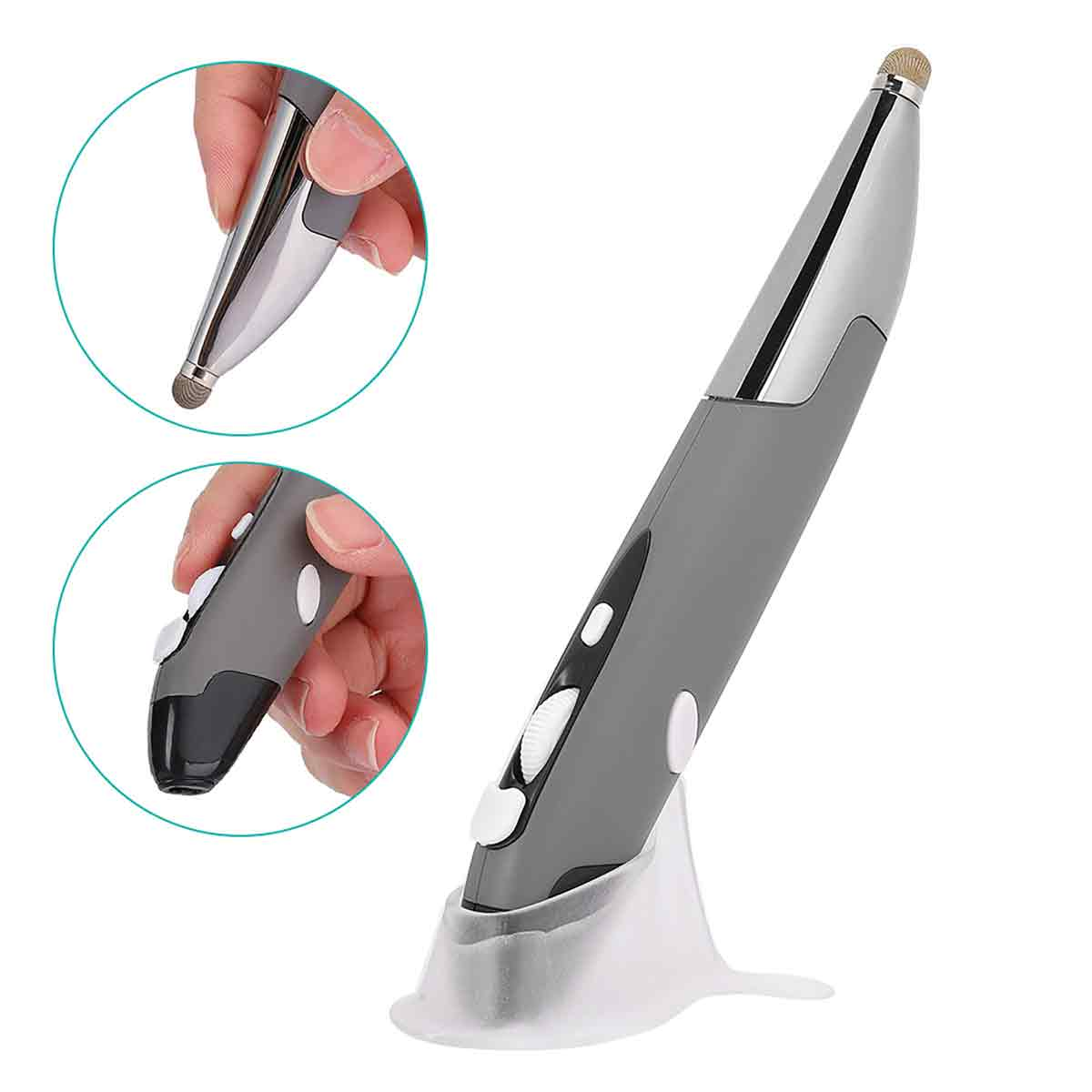Ein grauer und silberner Stift mit weißem Ständer. Zwei Nahaufnahmen zeigen Details des Stifts. Der Stift hat Knöpfe.