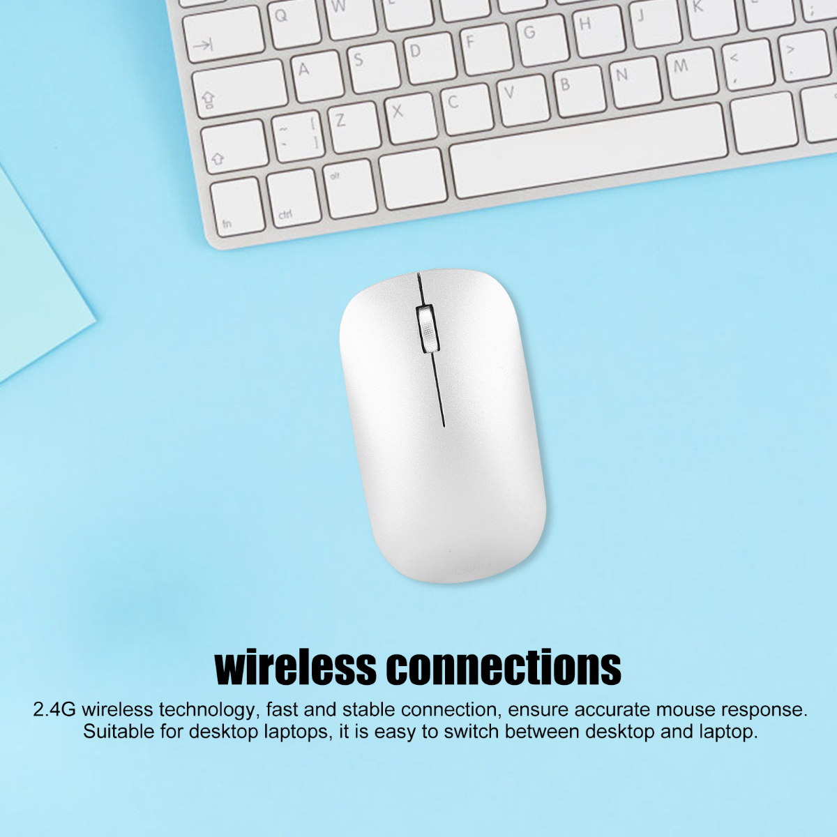 Eine weiße kabellose Maus liegt auf einer blauen Oberfläche neben einer weißen Tastatur. Darunter steht 'wireless connections'.