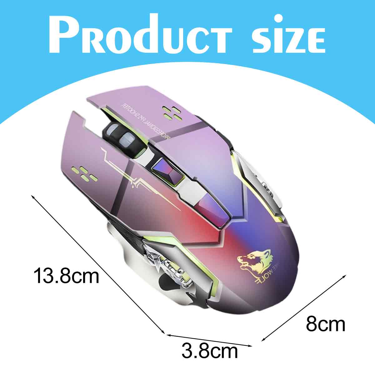 Eine Gaming-Maus mit lila, rosa und blauen Farbverläufen. Abmessungen: 13,8 cm lang, 8 cm breit und 3,8 cm hoch. Produktgrößentext im Hintergrund.
