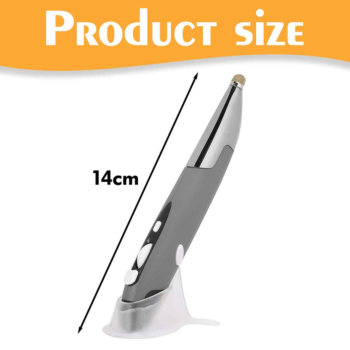 Grauer Eingabestift auf weißem Ständer. Das Bild zeigt die Produktgröße: 14 cm. Der Hintergrund ist weiß mit einem orangefarbenen Banner.