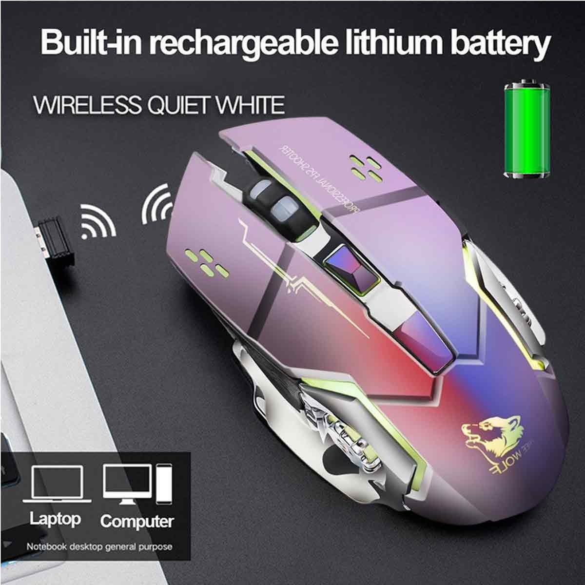 Eine kabellose Computermaus mit einzigartigem Design, Wolfslogo und farbigen Akzenten. Enthält einen Akku und drahtlose Konnektivität.