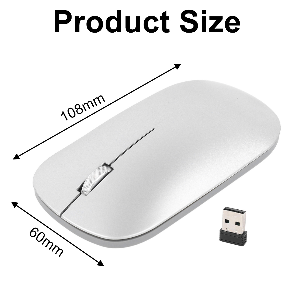 Eine weiße, kabellose Maus mit Größenangaben: 108 mm lang und 60 mm breit. Ein USB-Empfänger befindet sich rechts. Der Text 'Produktgröße' steht oben.