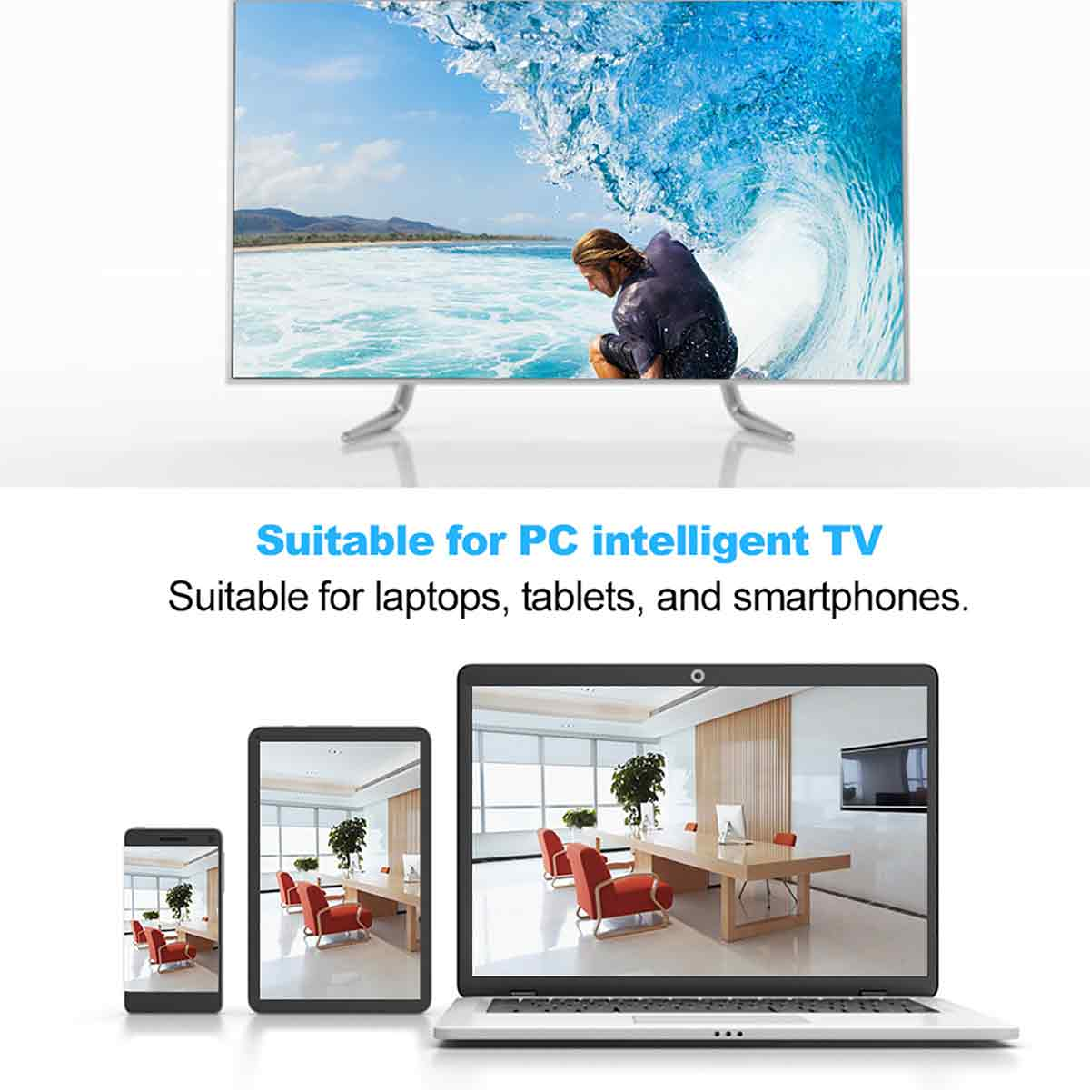 Ein Fernseher zeigt einen Surfer auf einer Welle. Darunter zeigen Telefon, Tablet und Laptop ein Büroumgebung mit Stühlen und Tisch.