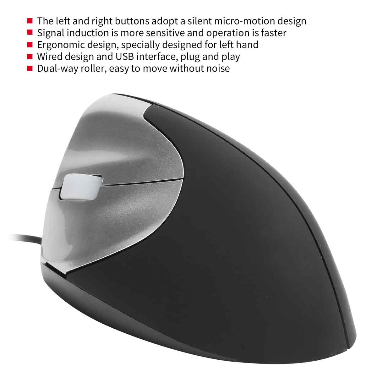 Eine schwarze und silberne ergonomische Linkshändermaus mit einem weißen Scrollrad. Sie hat ein kabelgebundenes Design und eine USB-Schnittstelle.