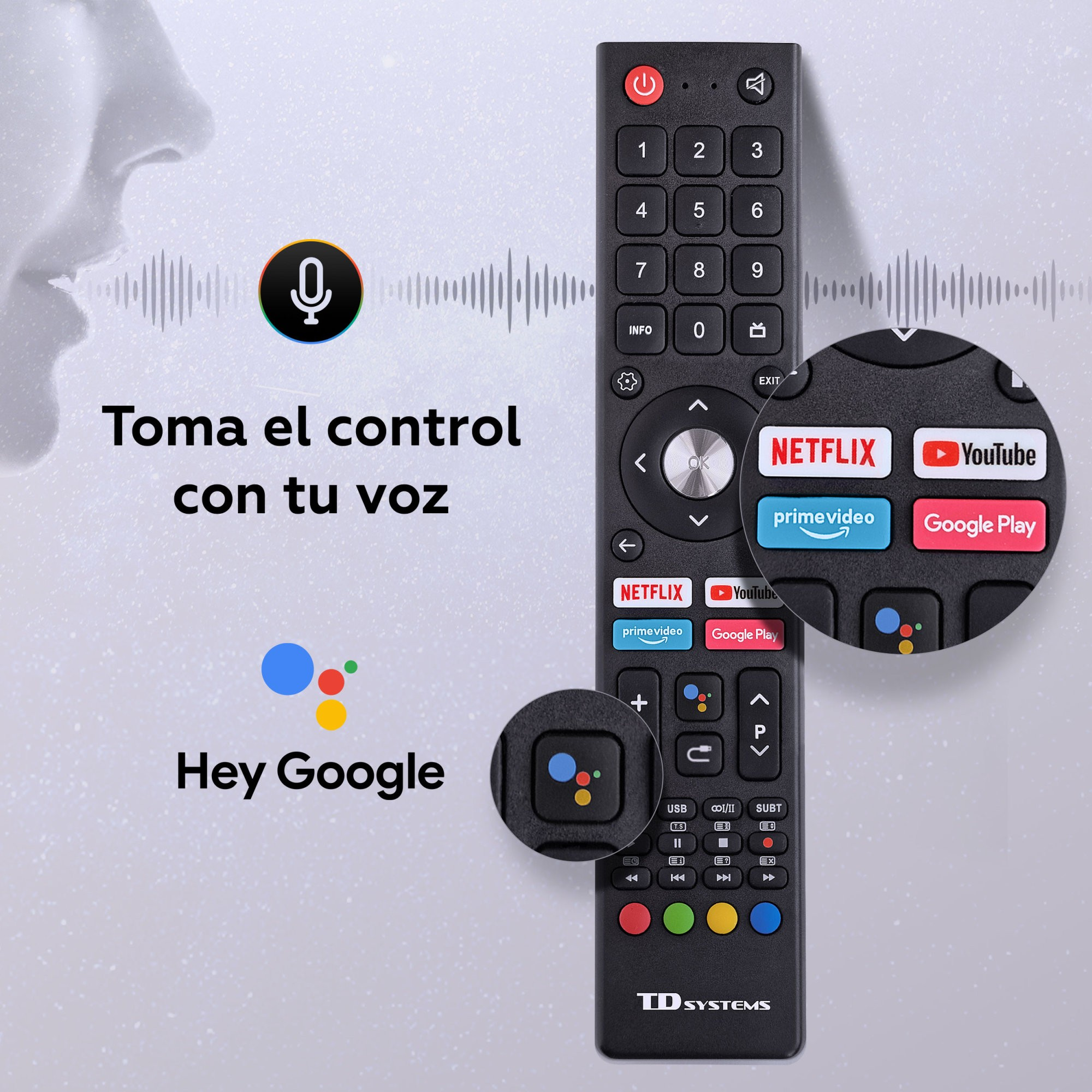 Mando a distancia negro con botones numéricos, Netflix, YouTube y Google Play. Texto: 'Toma el control con tu voz' y 'Hey Google'.