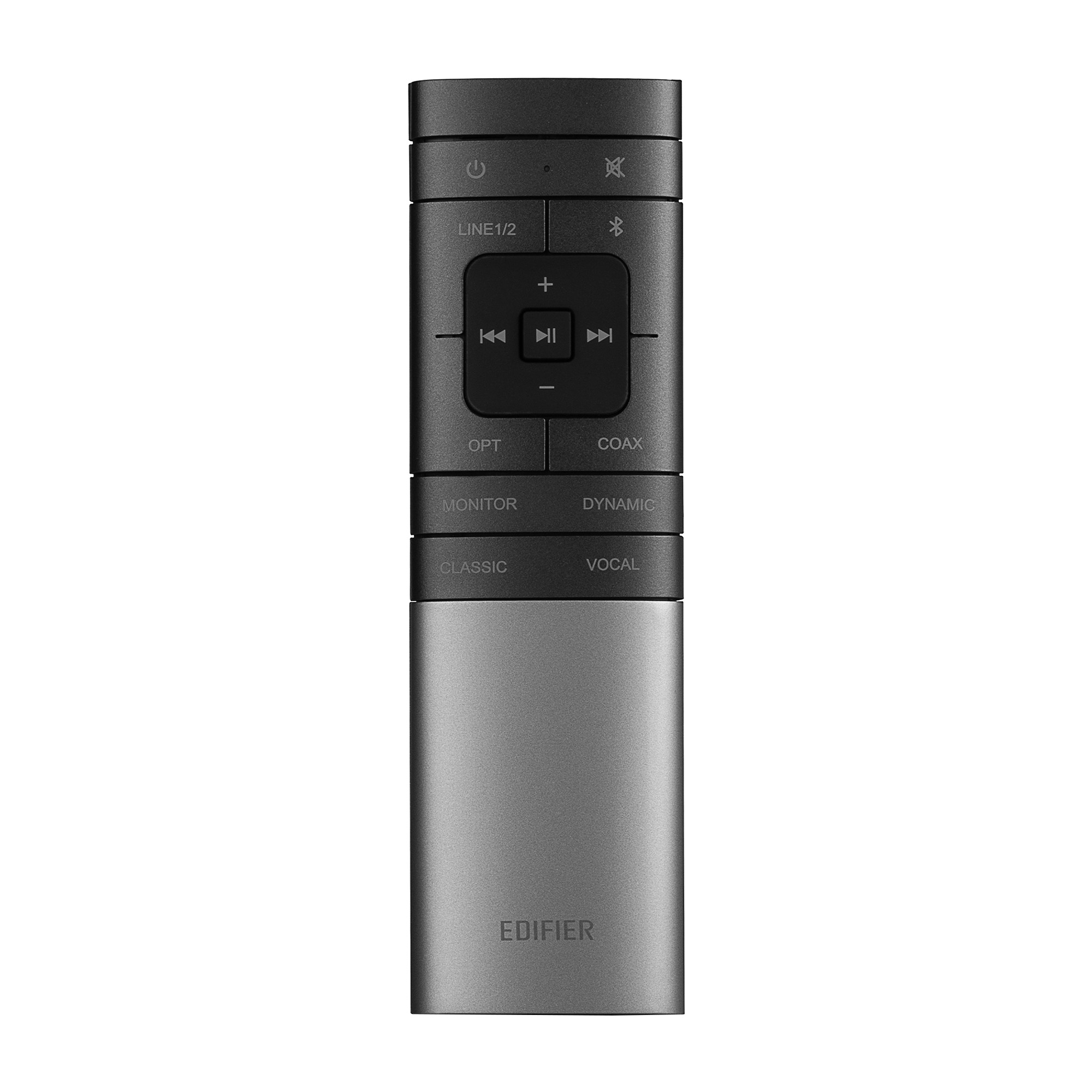 Szary pilot Edifier. Posiada przyciski zasilania, Bluetooth, głośności i wyboru wejścia, z logo na dole.