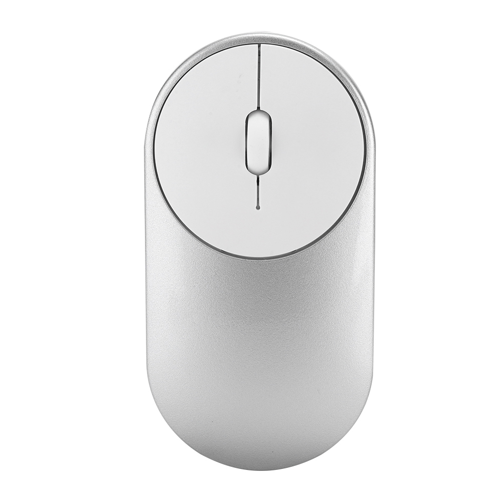Eine silberne Computermaus, oval geformt mit weißem Oberteil. Sie hat ein Scrollrad, eine Klicktaste und eine dünne Linie.