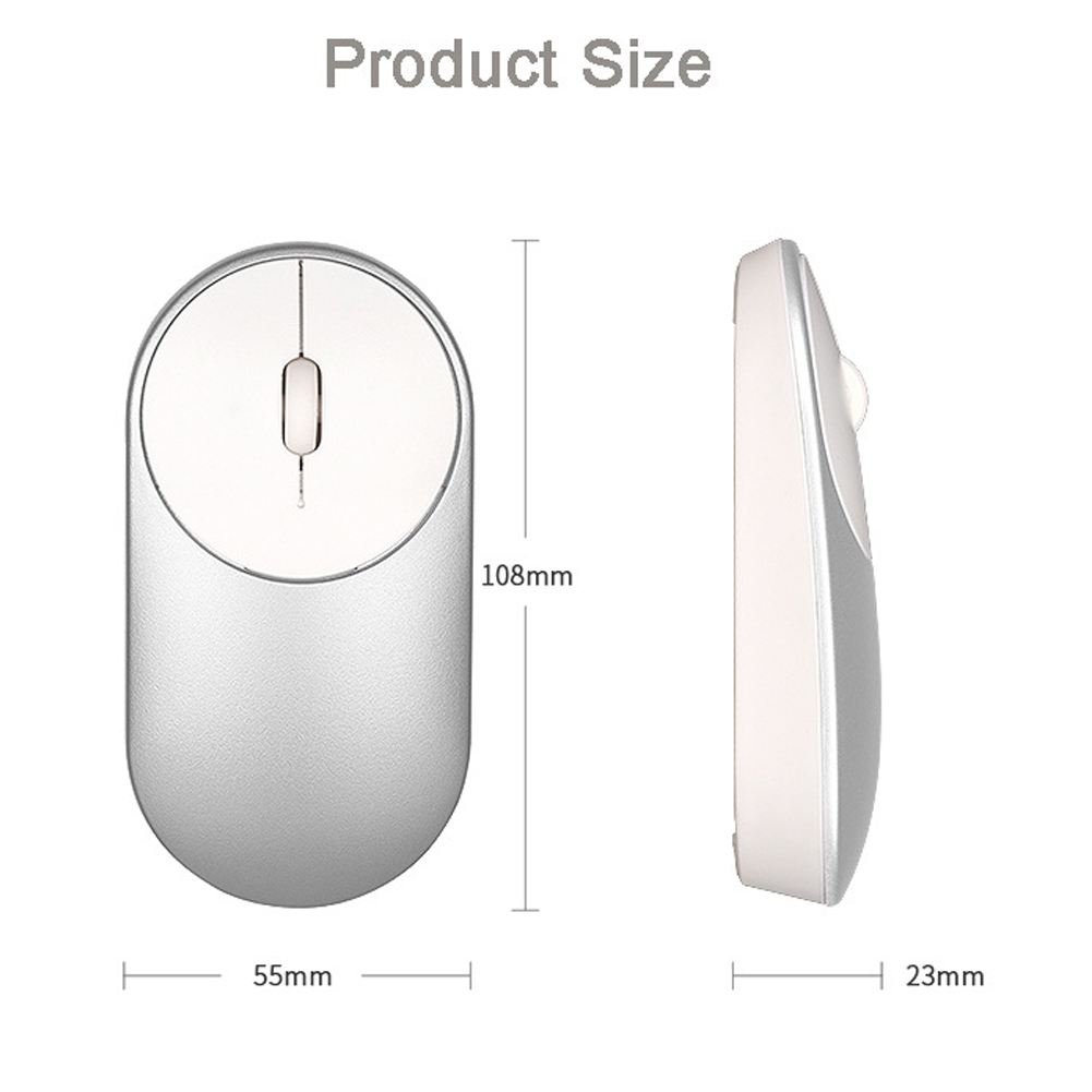 Eine silberne und weiße Computermaus wird von oben und von der Seite gezeigt. Abmessungen sind angegeben: 108 mm, 55 mm und 23 mm.