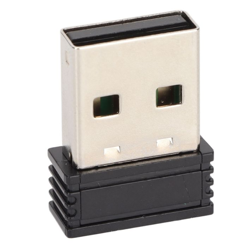 Ein silberner USB-Adapter mit schwarzem Sockel. Es hat eine rechteckige Form mit Metallgehäuse und zwei kleinen quadratischen Löchern.
